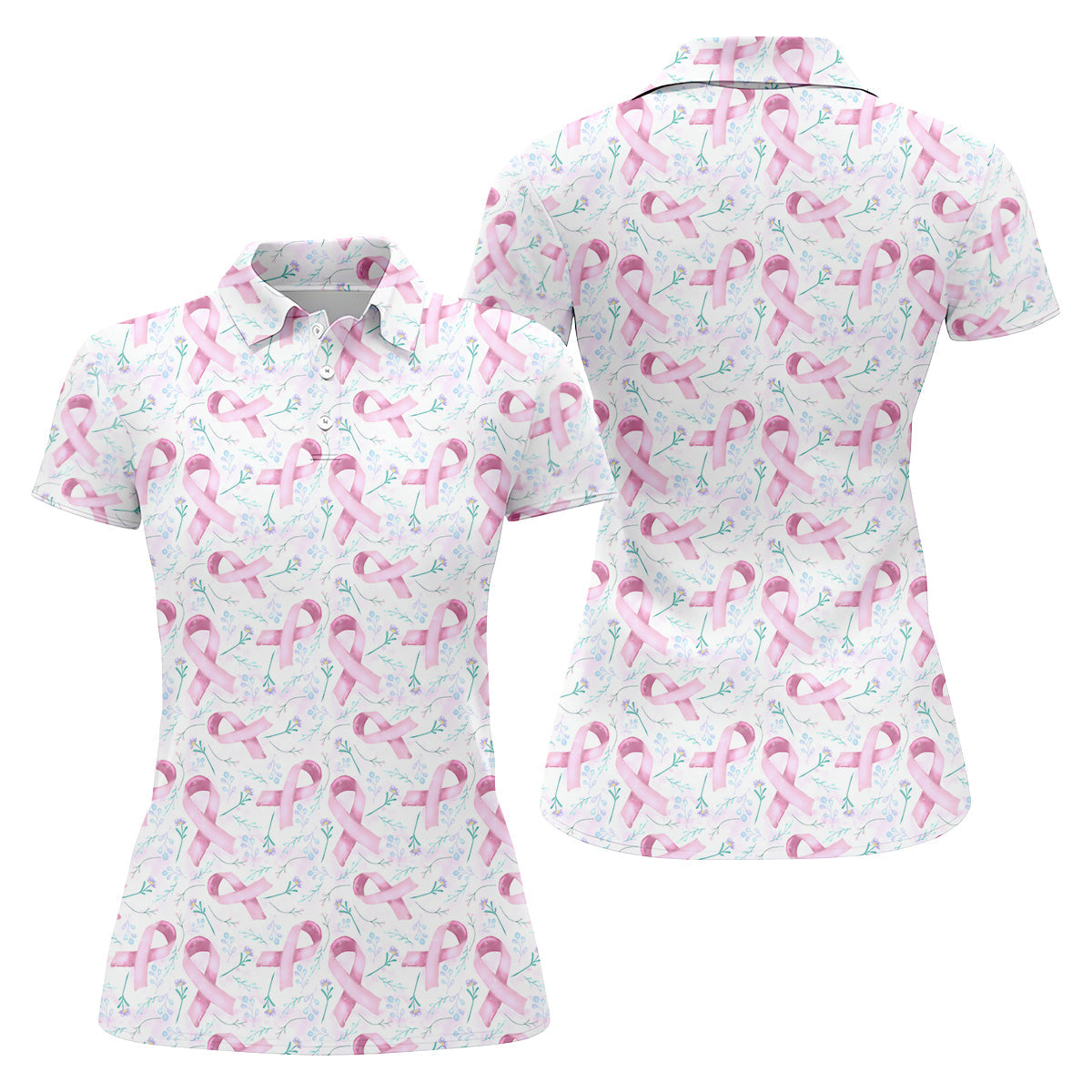 Pink Floral Breast Cancer Golf Shirt, Women's Long Sleeve Golf Shirts, Ladies Golf Shirts