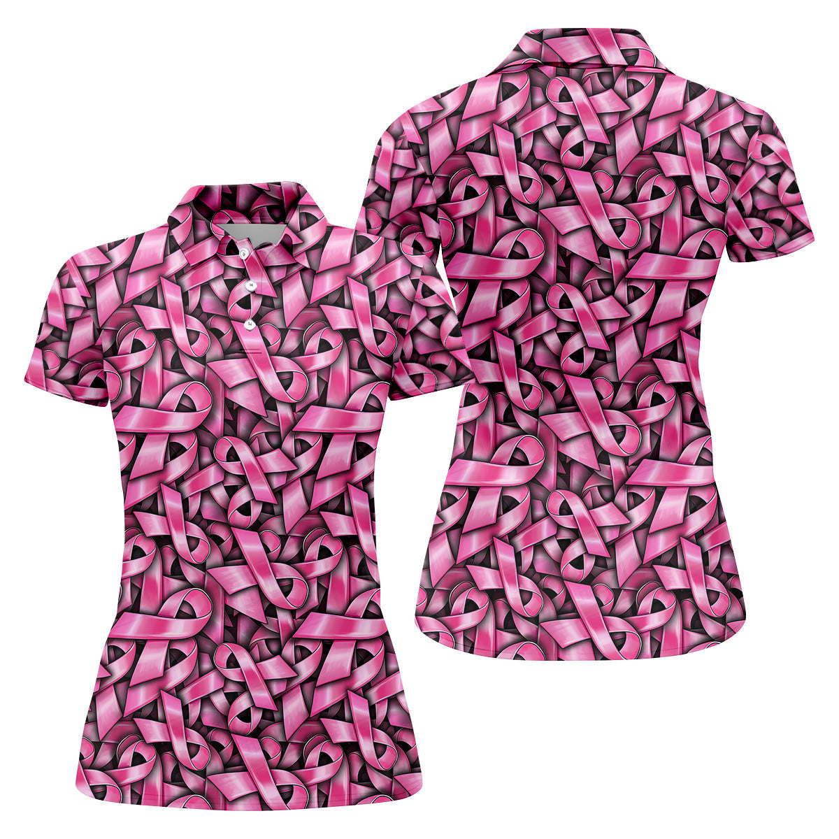 Pink And Black Breast Cancer Golf Shirt, Women's Long Sleeve Golf Shirts, Ladies Golf Tops, Ladies Golf Polos