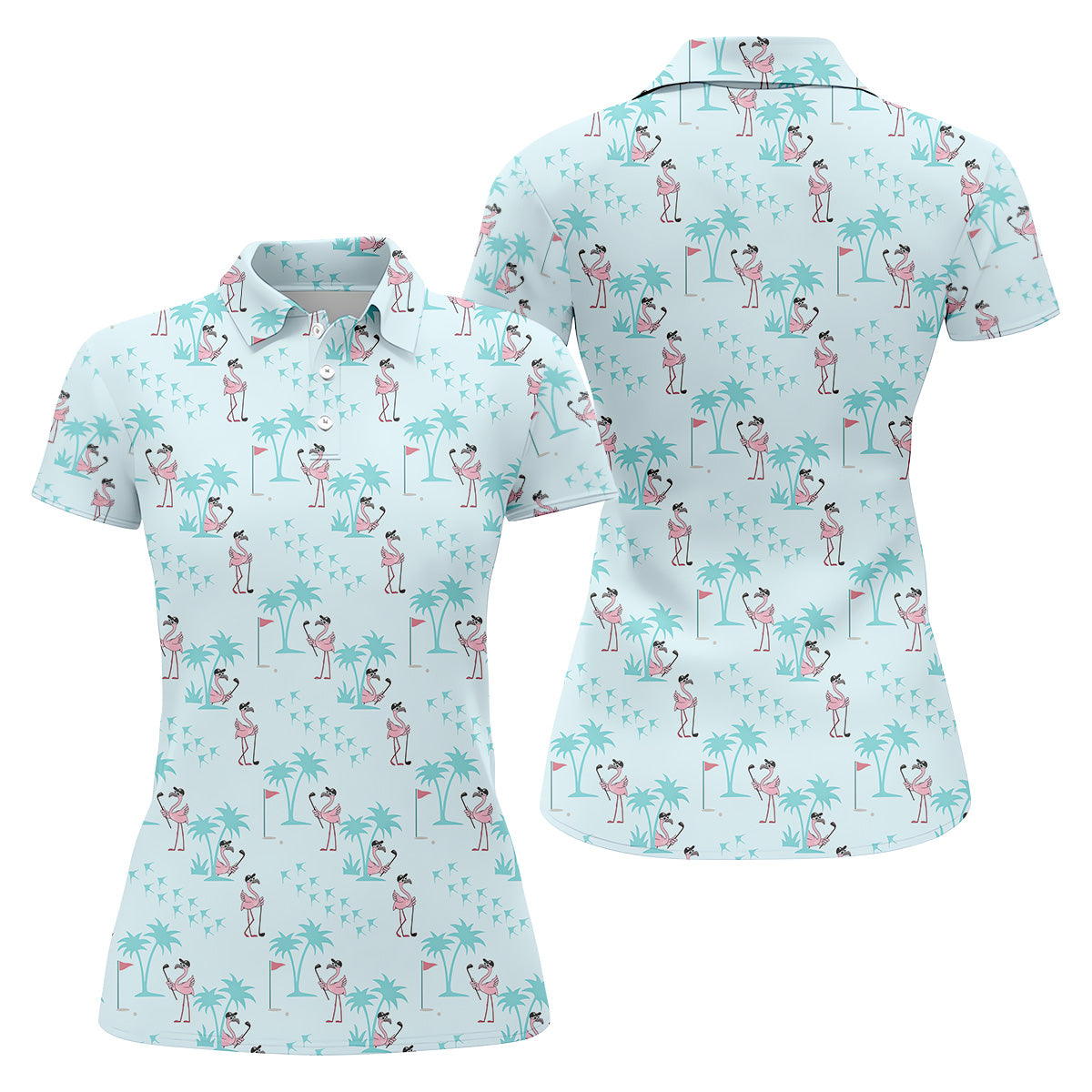 Tropical Flamingo Blue Golf Shirt, Women Golf Top, Ladies Golf Polos, Golfing Apparel