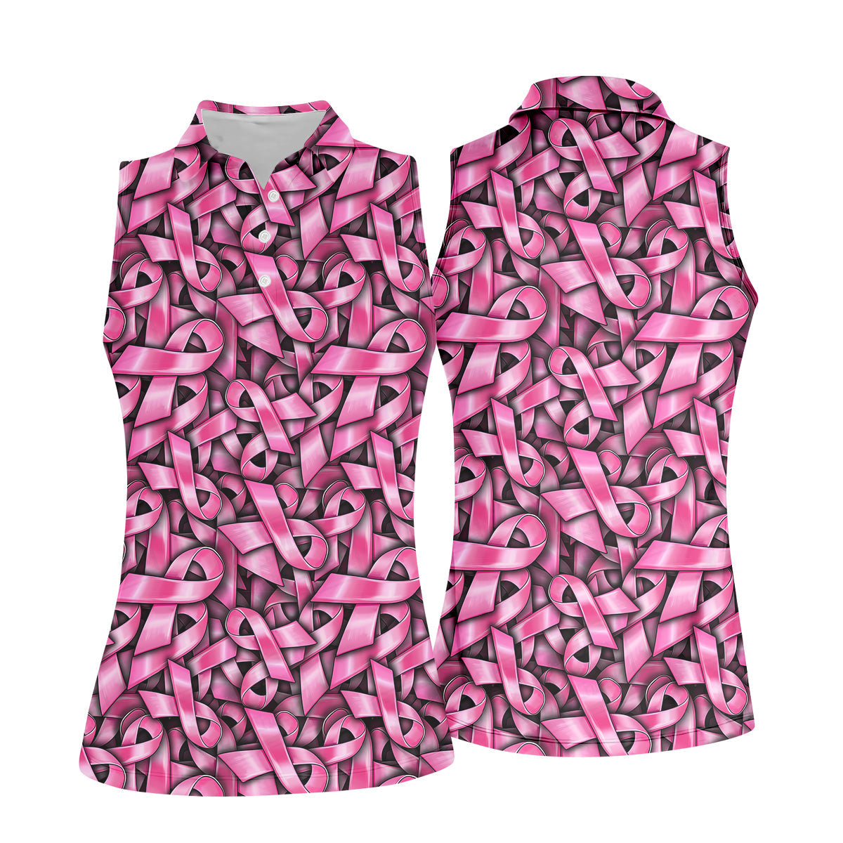 Pink And Black Breast Cancer Golf Shirt, Women's Long Sleeve Golf Shirts, Ladies Golf Tops, Ladies Golf Polos