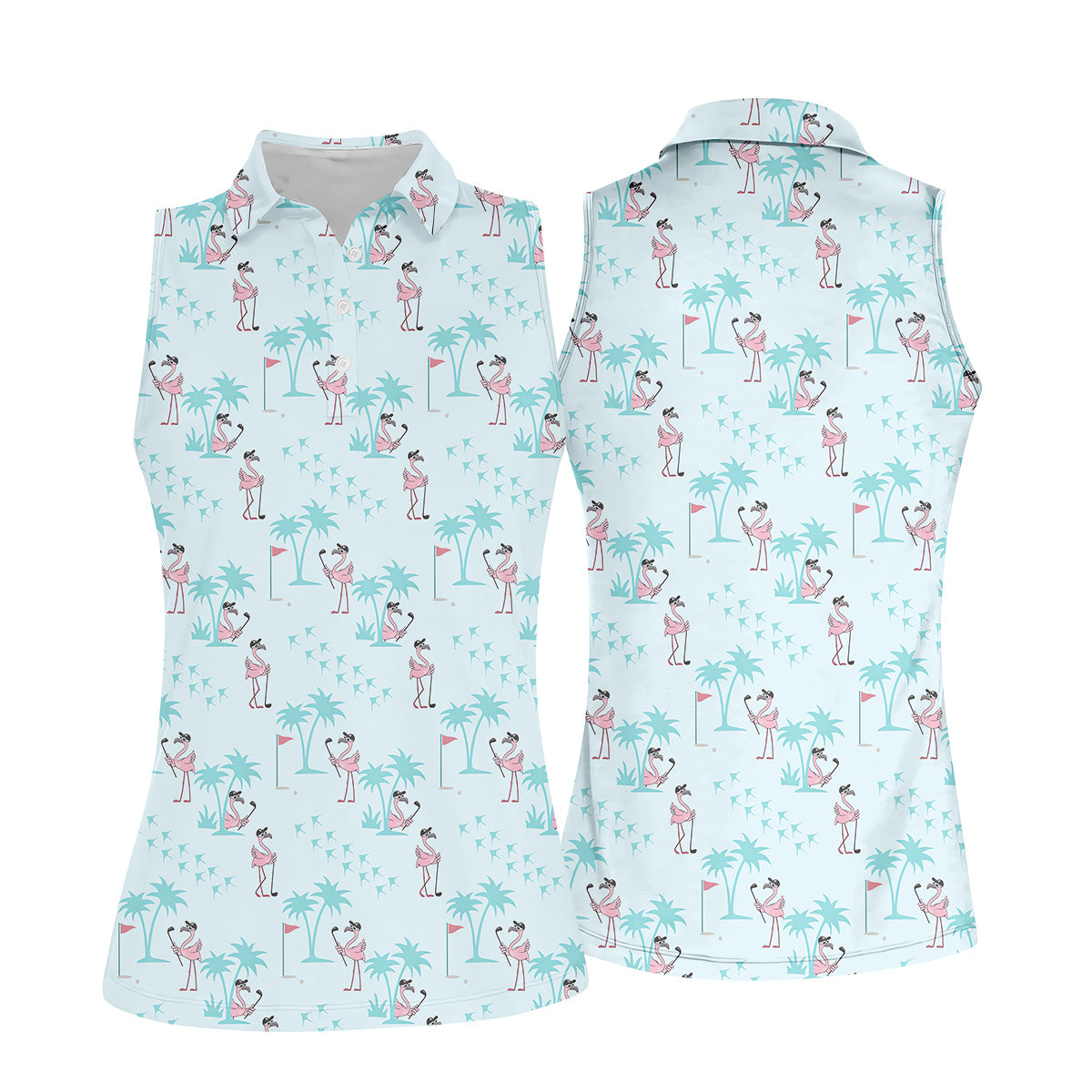 Tropical Flamingo Blue Golf Shirt, Women Golf Top, Ladies Golf Polos, Golfing Apparel