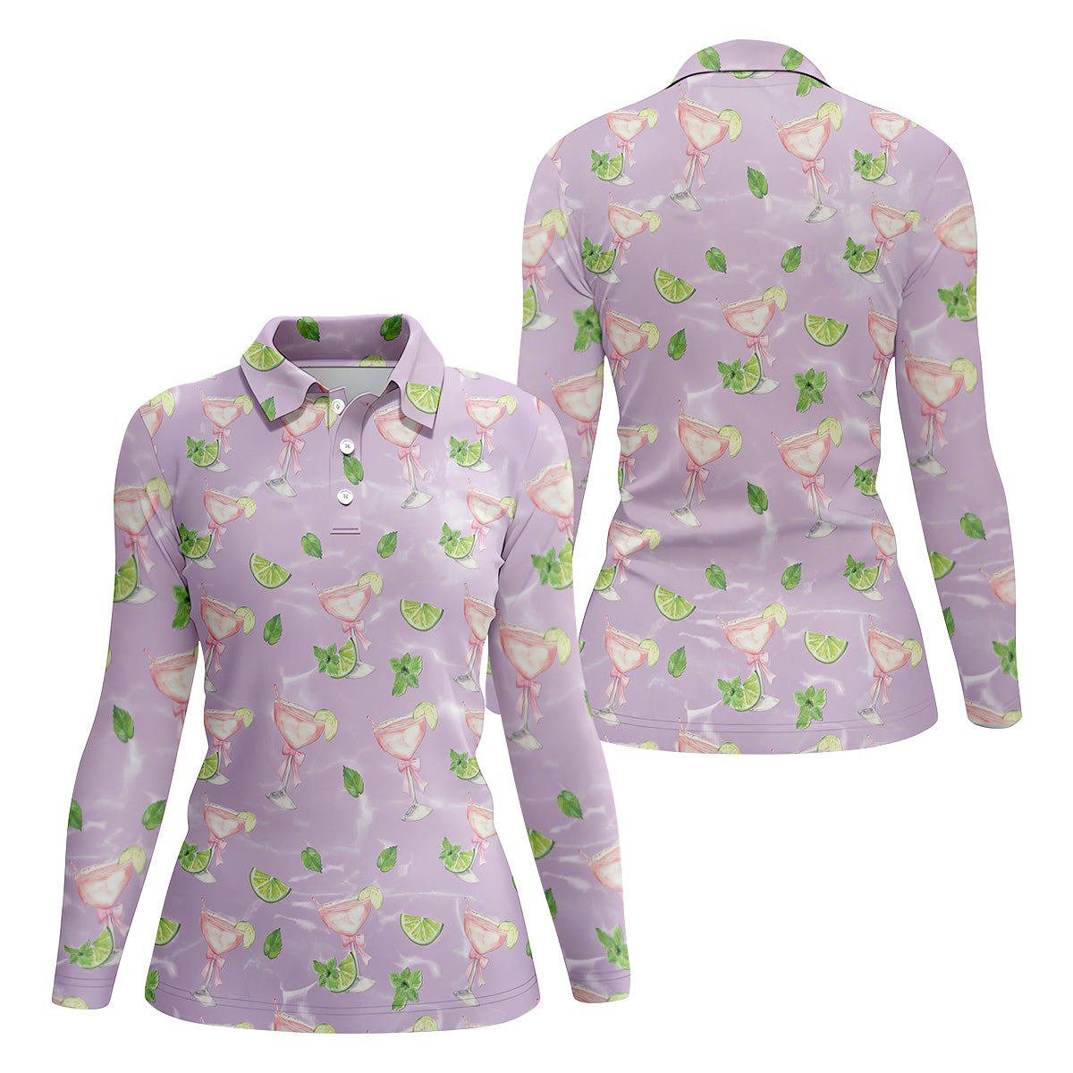 Margarita Golf Shirt For Women, Coquette Aesthetic Womens Golf Tops, Pink Drink Patterned Golf Shirts