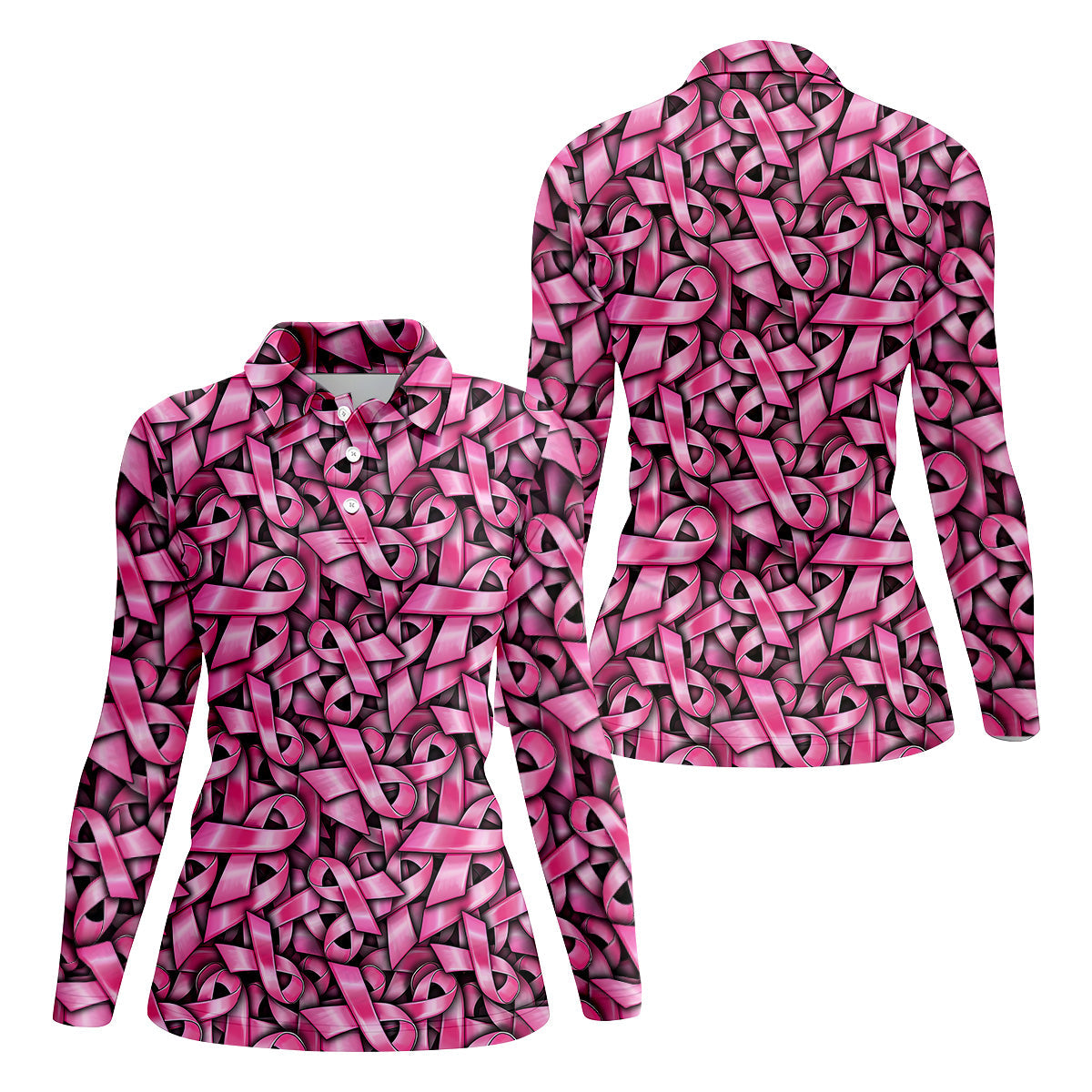 Pink And Black Breast Cancer Golf Shirt, Women's Long Sleeve Golf Shirts, Ladies Golf Tops, Ladies Golf Polos