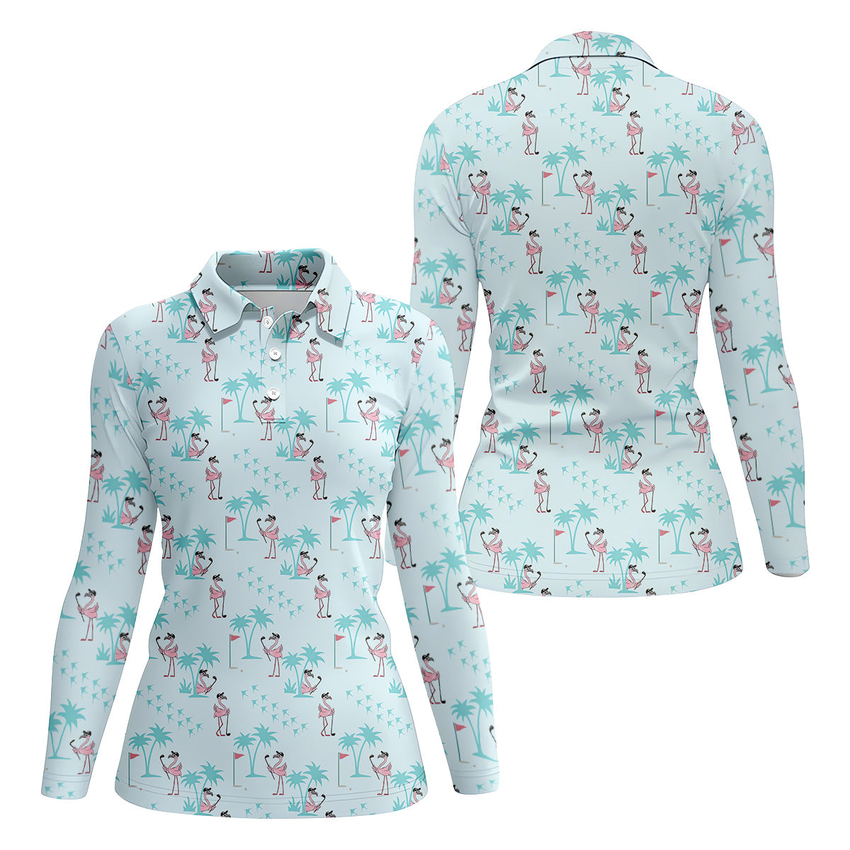 Tropical Flamingo Blue Golf Shirt, Women Golf Top, Ladies Golf Polos, Golfing Apparel
