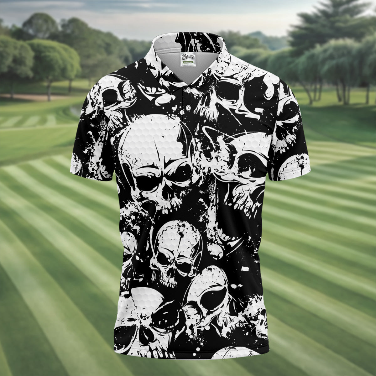 Skulls Splatter Black Grunge Mens Golf Polo Shirts, Cool Golf Gift, Golfing Apparel, Polo For Men