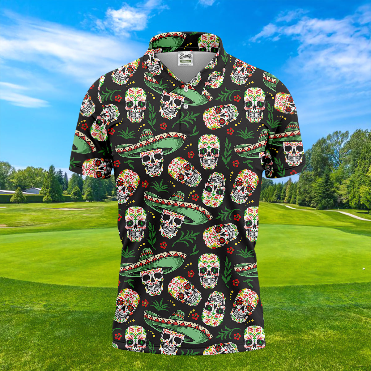 Skull Golf Shirt, Day Of The Dead Shirt, Mexican Floral Shirt, Men Polo, Unique Gift For Golfer