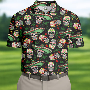Skull Golf Shirt, Day Of The Dead Shirt, Mexican Floral Shirt, Men Polo, Unique Gift For Golfer