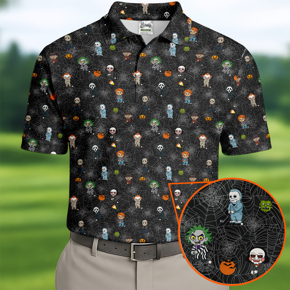 Funny Horror Character Black Golf Polo Shirt, Horror Movie Shirt, Halloween Golf Shirt, Fun Golf Polos For Men