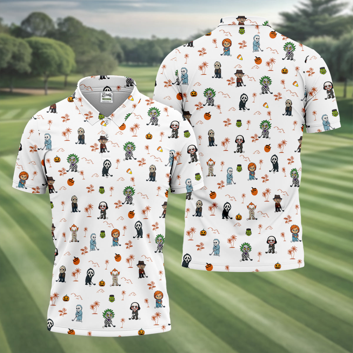 Horror Halloween Character Tropical Golf Shirt, Halloween Polo Shirts, Mens White Polo, Golfing Apparel