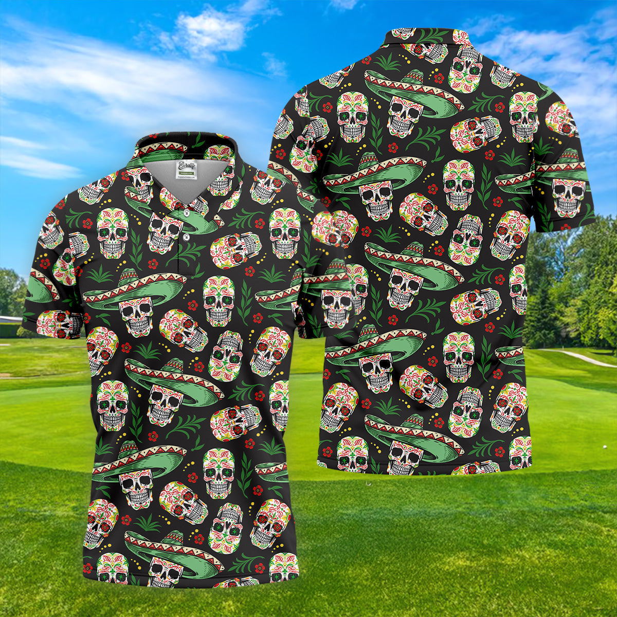 Skull Golf Shirt, Day Of The Dead Shirt, Mexican Floral Shirt, Men Polo, Unique Gift For Golfer