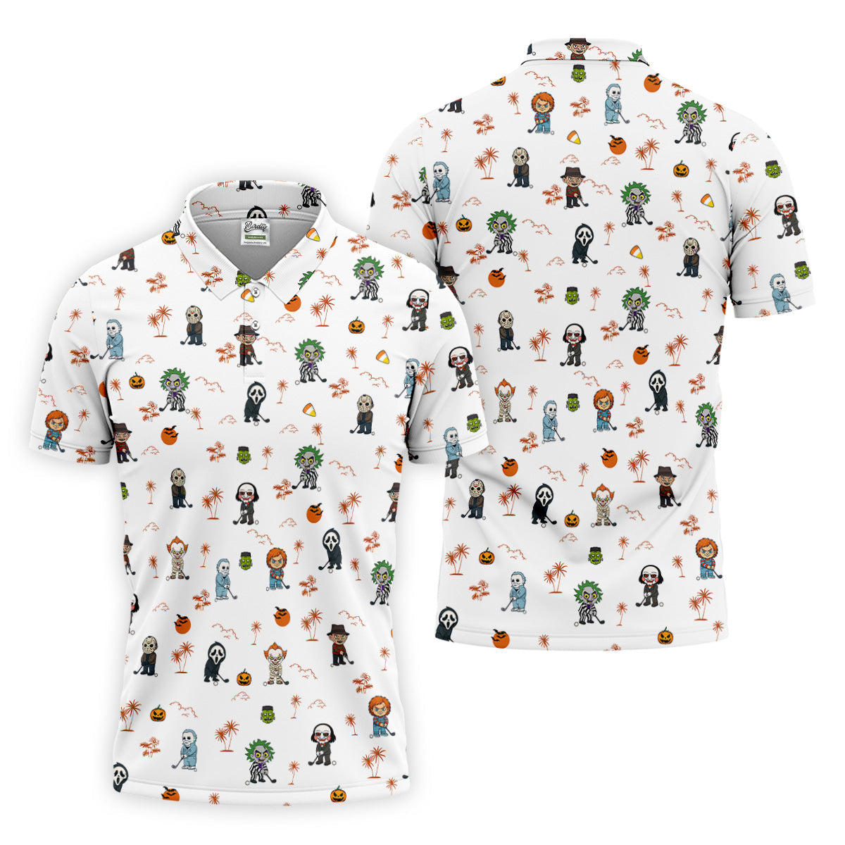Horror Halloween Character Tropical Golf Shirt, Halloween Polo Shirts, Mens White Polo, Golfing Apparel