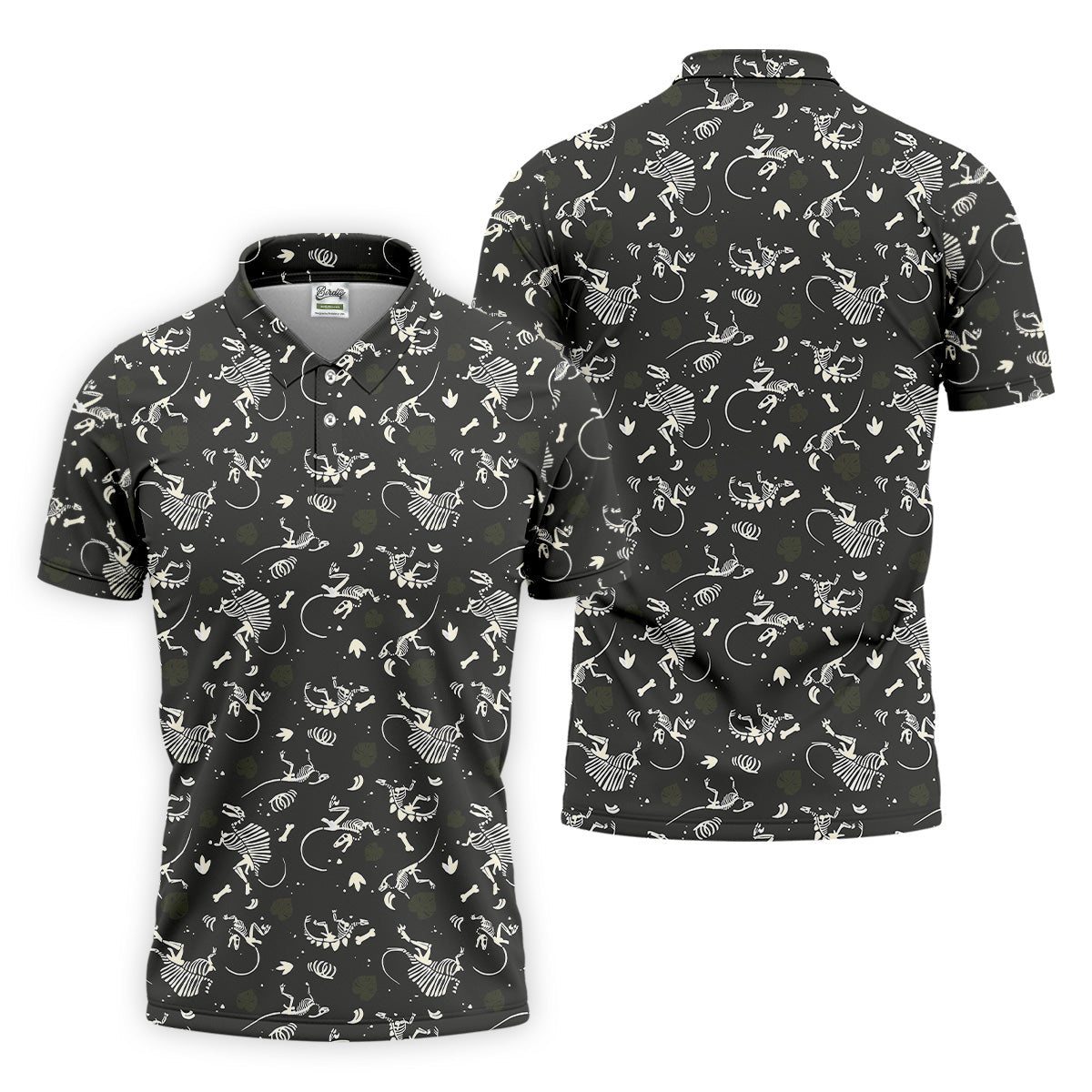 Dinosaur Golf Shirt, Funny Skeleton Patterned Golf Polos, Long Sleeve Golf Shirts, Men Golf Polo