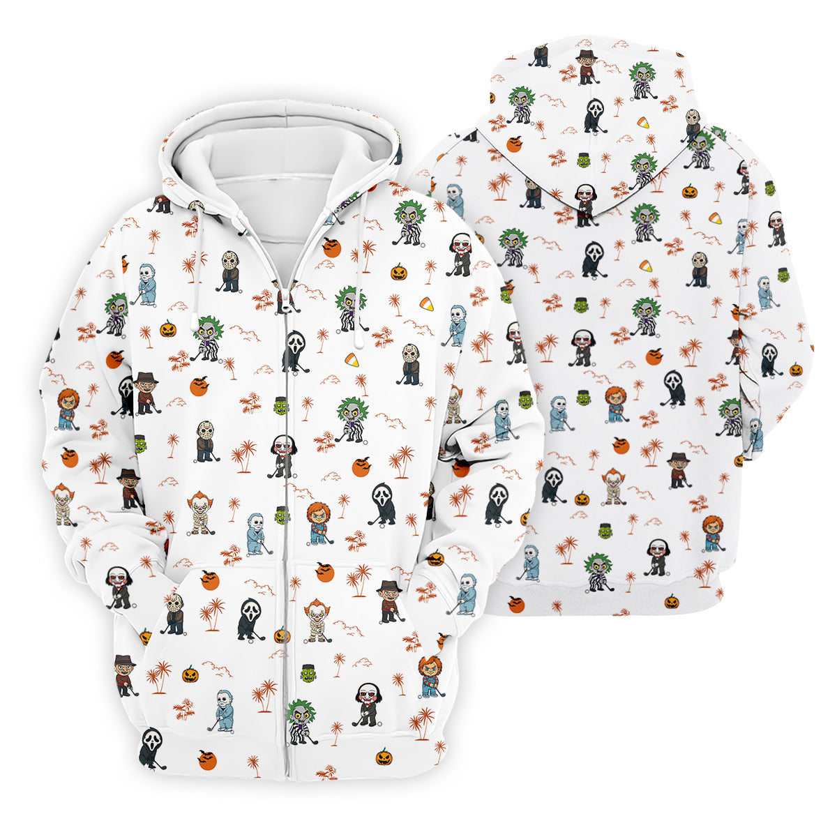 Horror Halloween Character Tropical Golf Shirt, Halloween Polo Shirts, Mens White Polo, Golfing Apparel