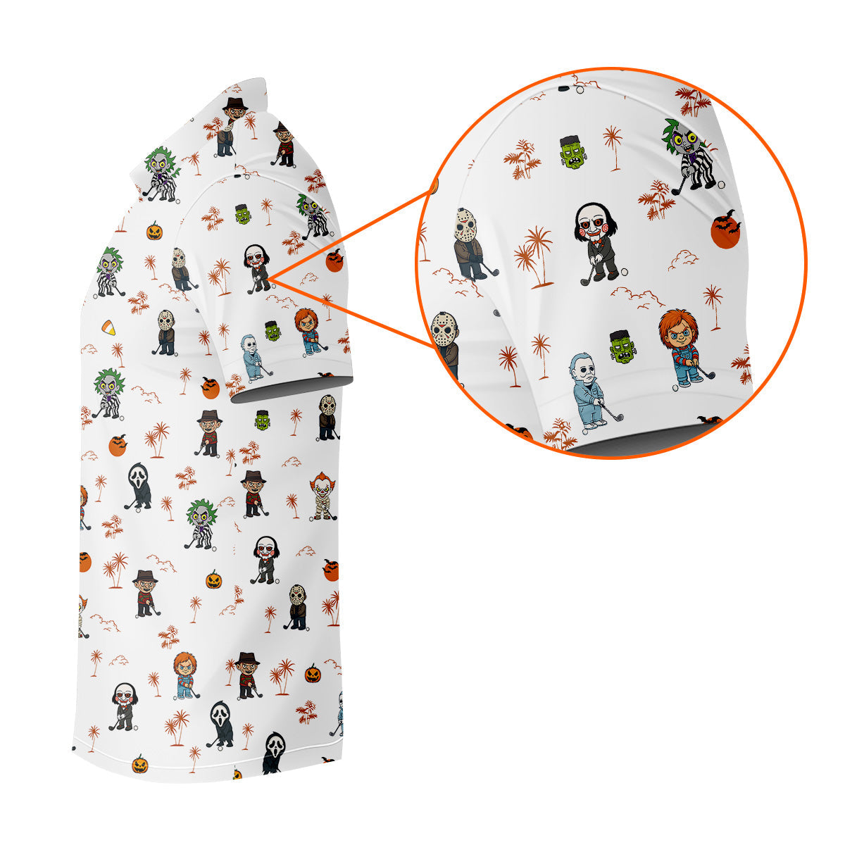 Horror Halloween Character Tropical Golf Shirt, Halloween Polo Shirts, Mens White Polo, Golfing Apparel