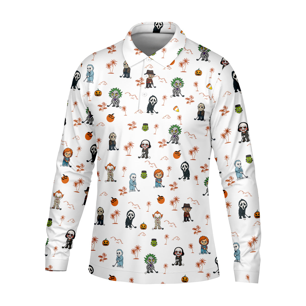 Horror Halloween Character Tropical Golf Shirt, Halloween Polo Shirts, Mens White Polo, Golfing Apparel