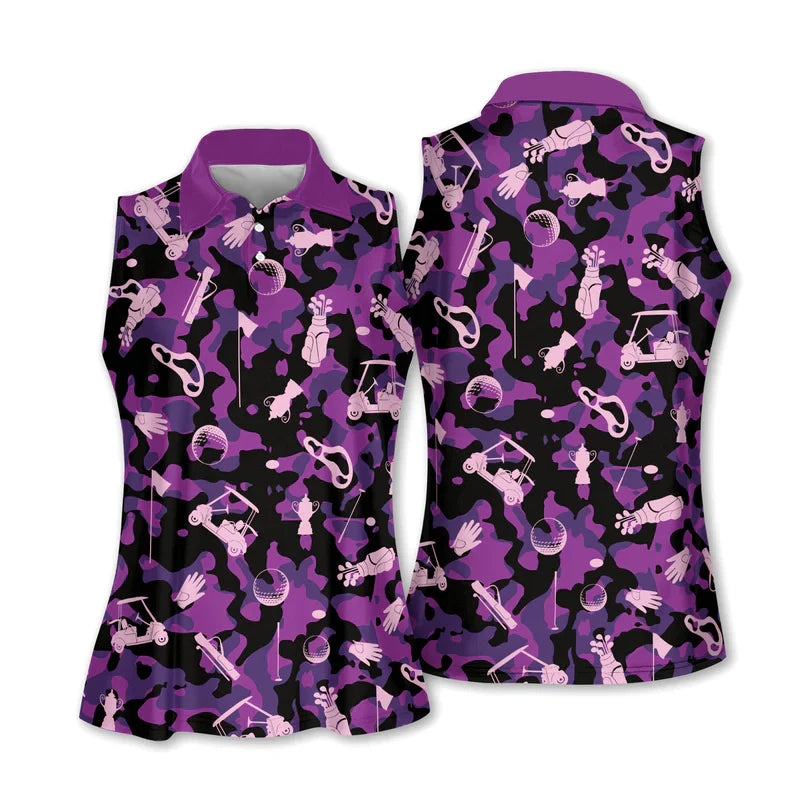 Purple Camouflage Golf Shirts For Women, Sleeveless Womens Golf Shirts, Womens Golf Tops, Womens Golf Polo Shirts