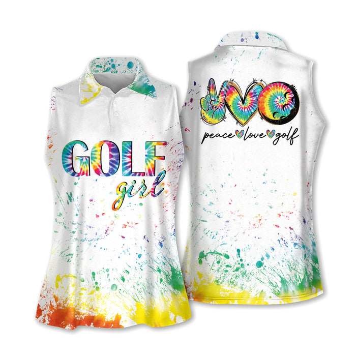 Peace Love Golf Girl Sleeveless Golf Shirt, Tie Dye Golf Shirts, Womens Golf Polo Shirts, Golf Gifts For Her