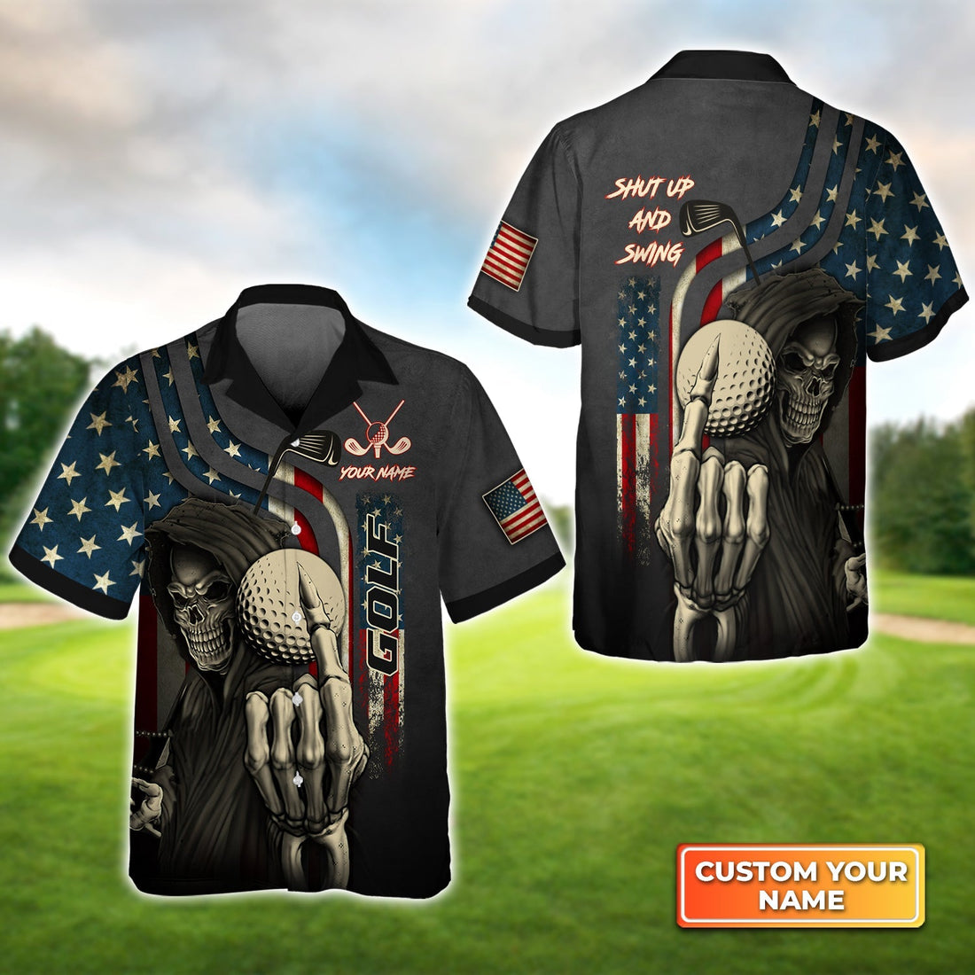 America Flag Skull Golf Shut Up And Swing - Personalized Name 3D Hawaiian Shirt Gift For Golfer