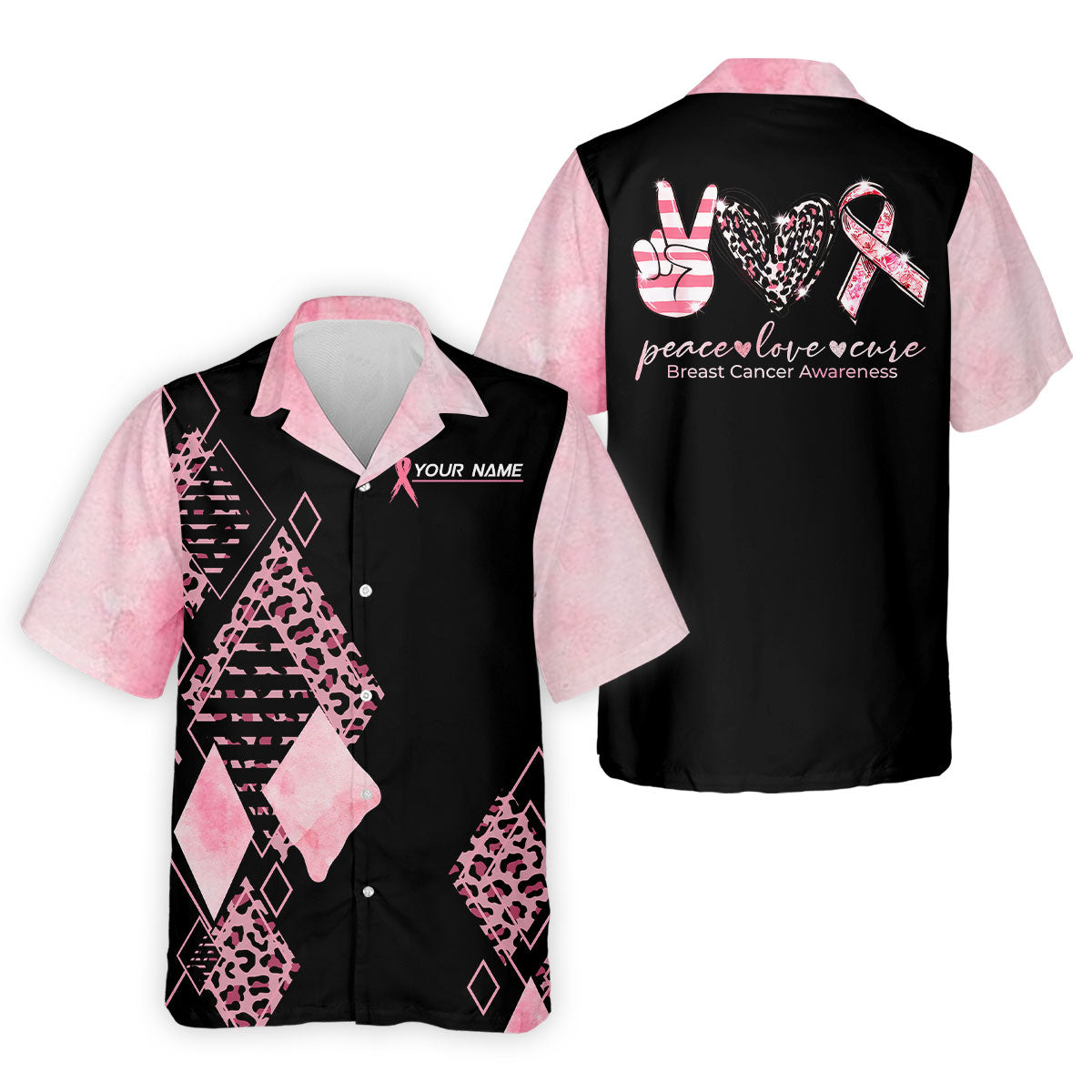 Peace Love Cure Men's Golf Shirt, Breast Cancer Awareness Shirt, Pink Leopard Golf Shirt, Golf Gift For Men