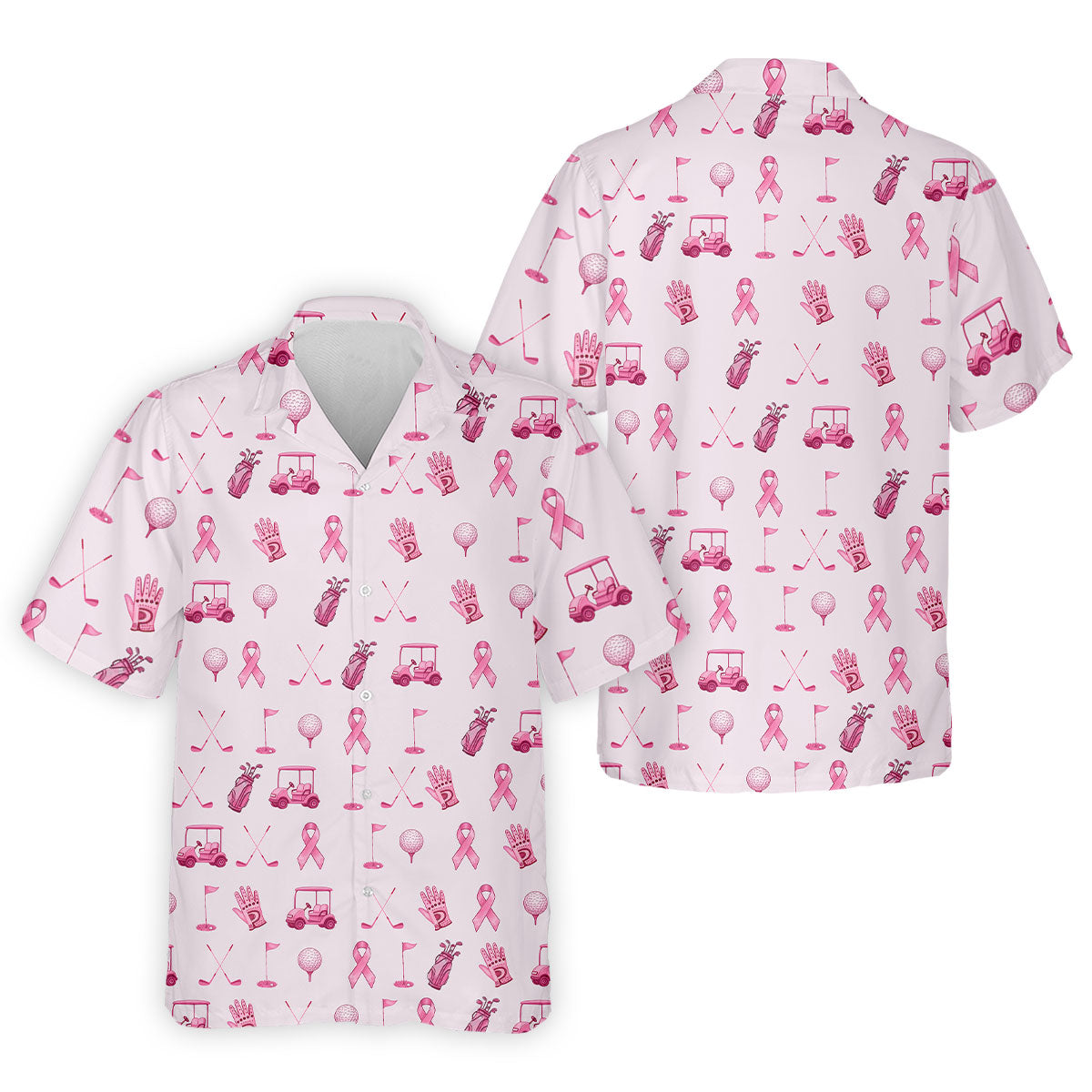 Funny Pink Ribbon Golf Pattern Men's Polo Shirt, Breast Cancer Golf Shirt, Breast Cancer Awareness Shirt