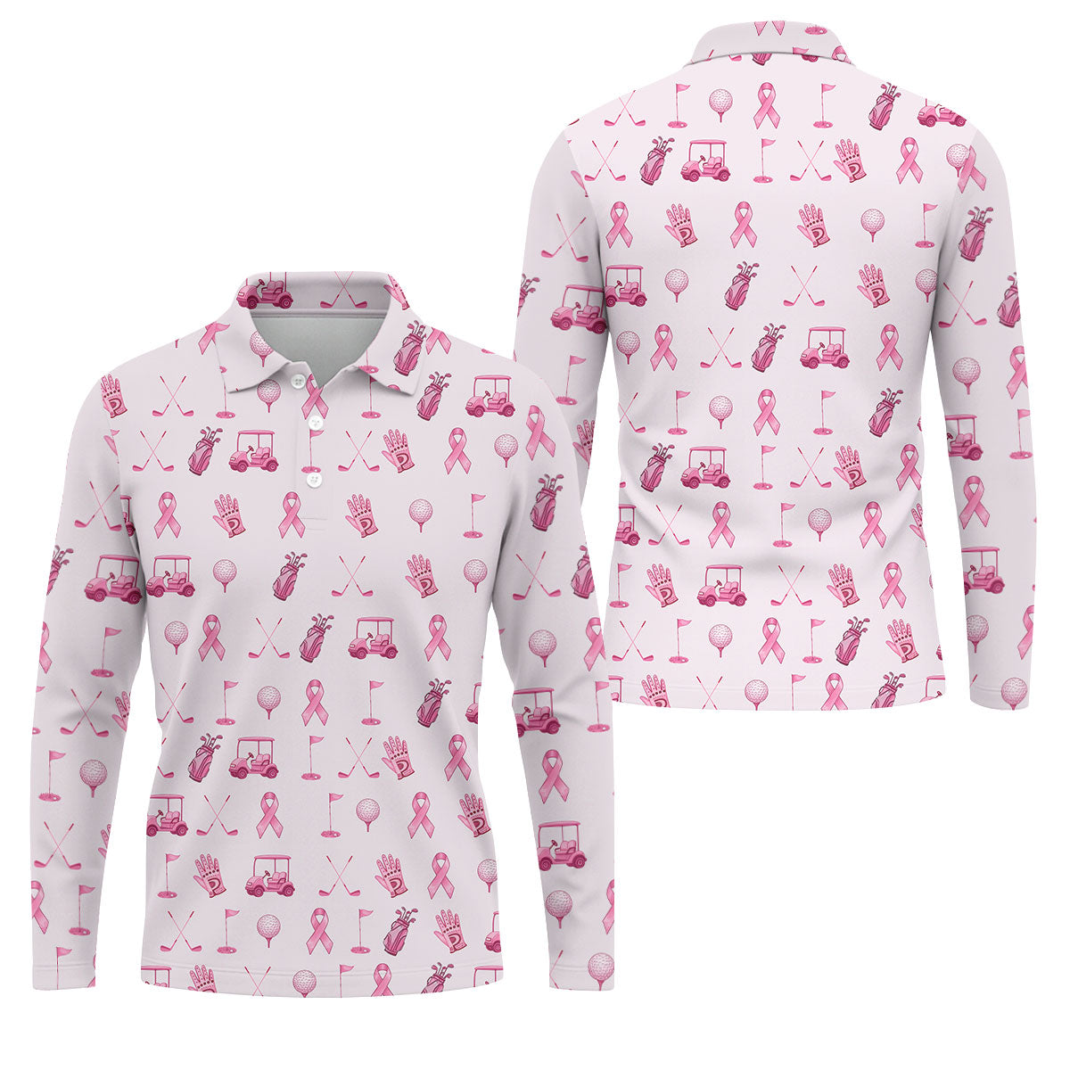 Funny Pink Ribbon Golf Pattern Men's Polo Shirt, Breast Cancer Golf Shirt, Breast Cancer Awareness Shirt