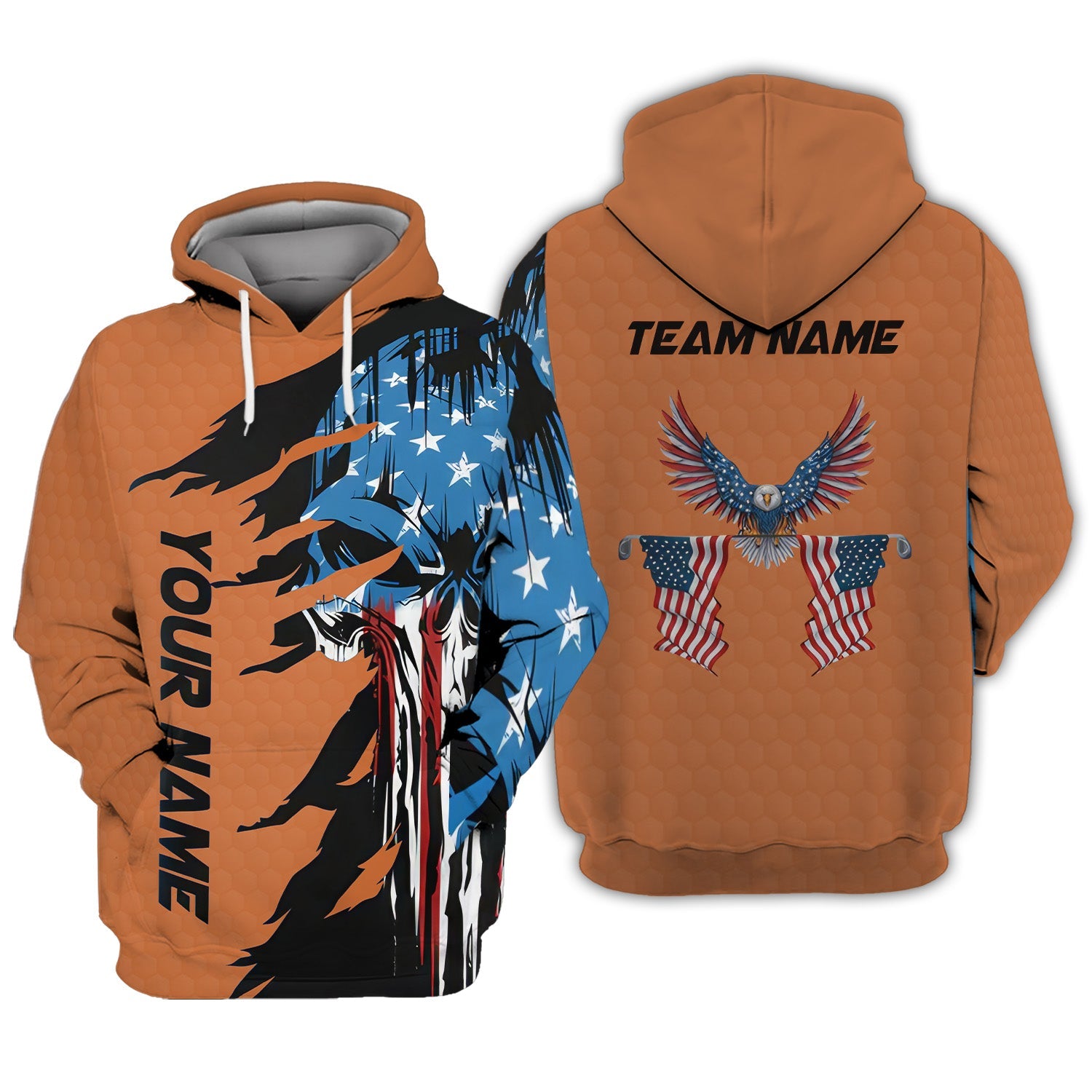 Skull US Flag Orange Custom Men's Golf Polo Shirt, Golfing Apparel, Mens Golf Gift