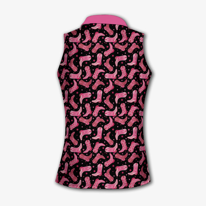 Cowgirl Black And Pink Womens Golf Polo Shirts, Western Golf Shirts Women, Patterned Golf Shirts