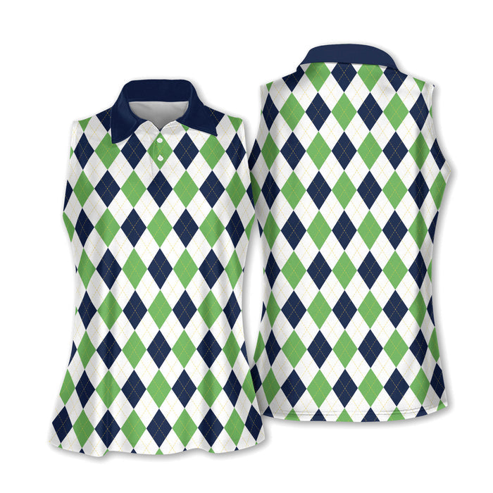 Argyle Pink Sleeveless Womens Golf Shirts, Womens Golf Polo Shirts, Ladies Golf Tops, Cute Womens Golf Clothes