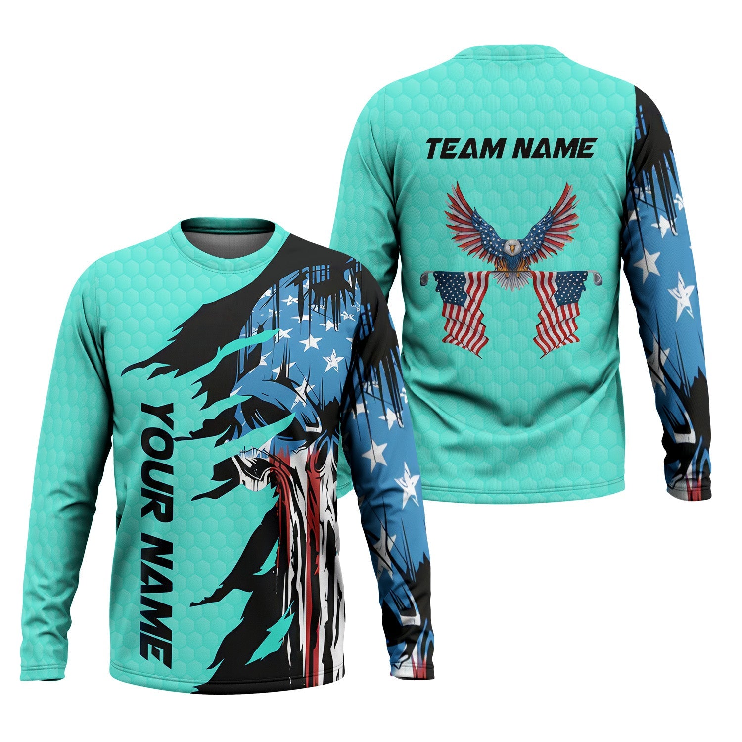 Skull US Flag Cyan Custom Men's Golf Polo Shirt, Golfing Apparel, Mens Golf Gift