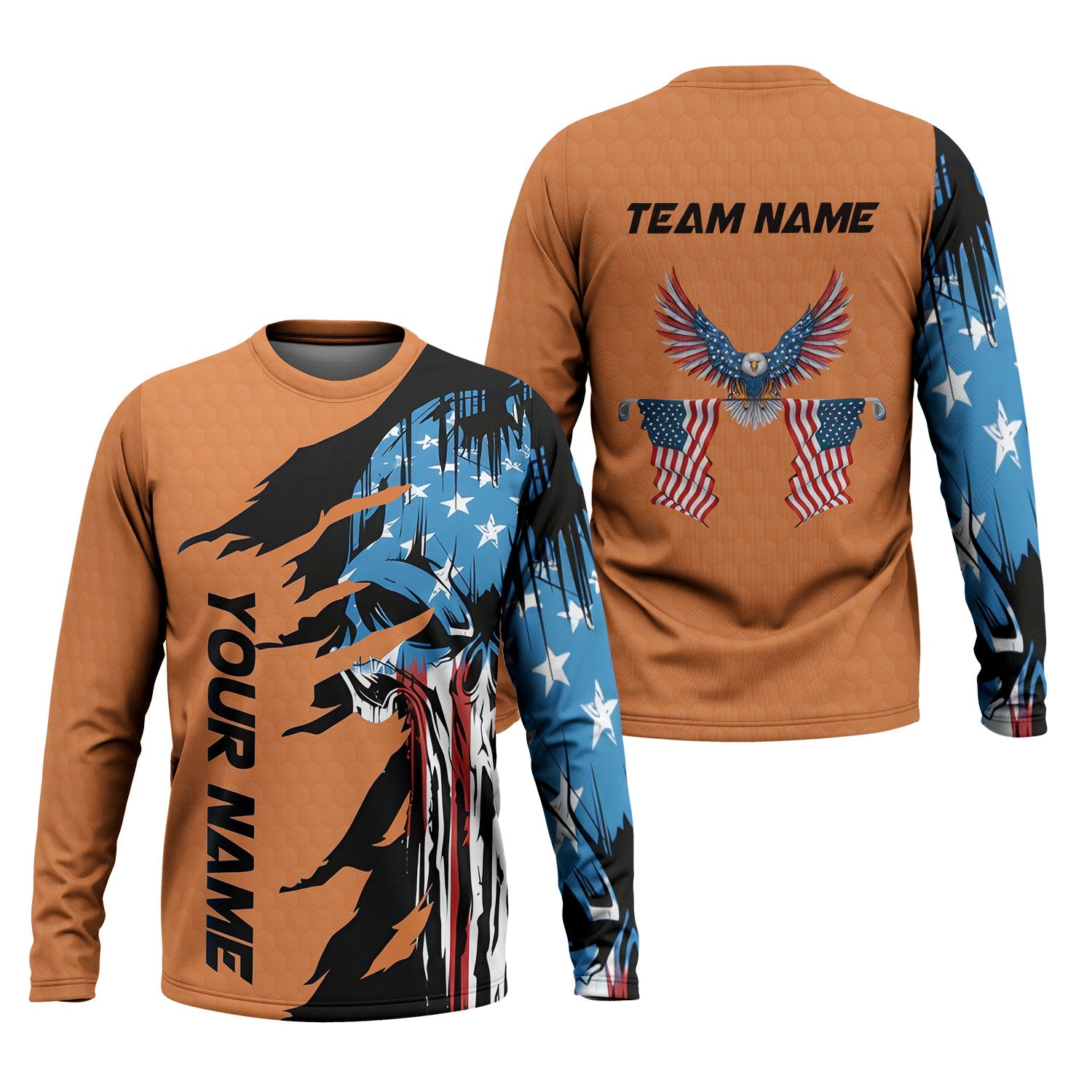 Skull US Flag Orange Custom Men's Golf Polo Shirt, Golfing Apparel, Mens Golf Gift