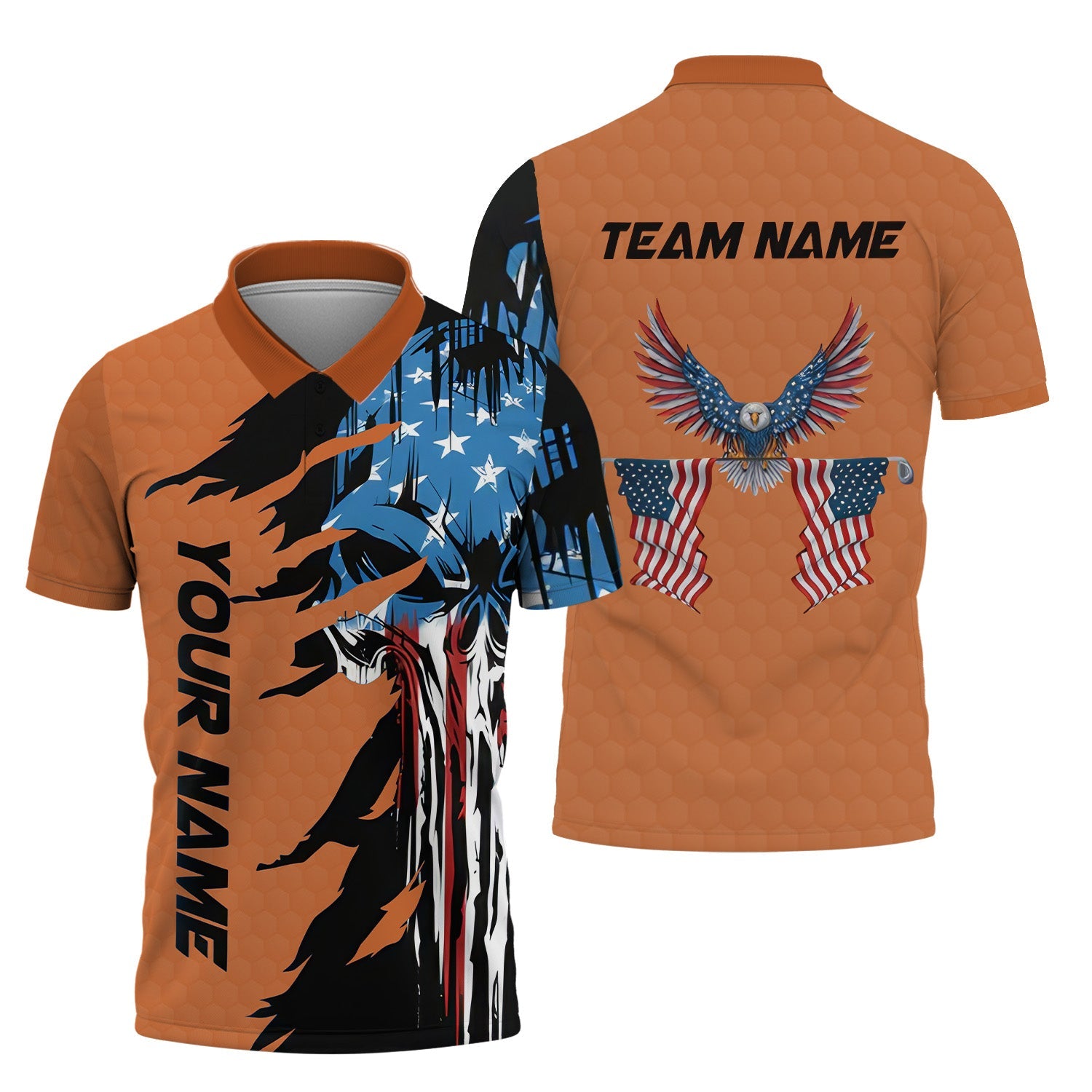 Skull US Flag Orange Custom Men's Golf Polo Shirt, Golfing Apparel, Mens Golf Gift