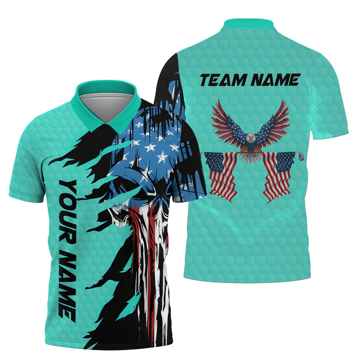 Skull US Flag Cyan Custom Men's Golf Polo Shirt, Golfing Apparel, Mens Golf Gift