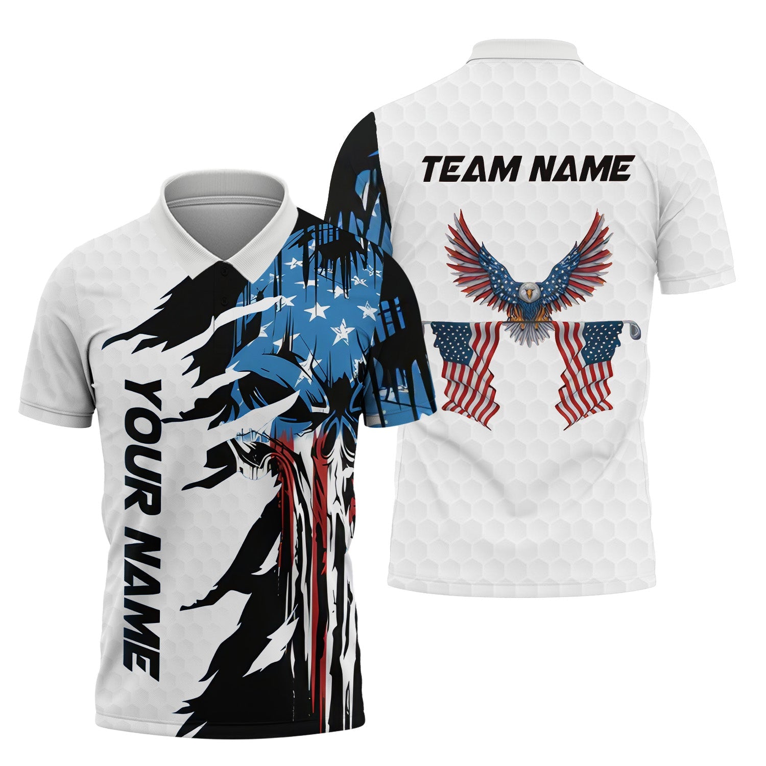 Skull US Flag White Custom Men's Golf Polo Shirt, Golfing Apparel, Mens Golf Gift