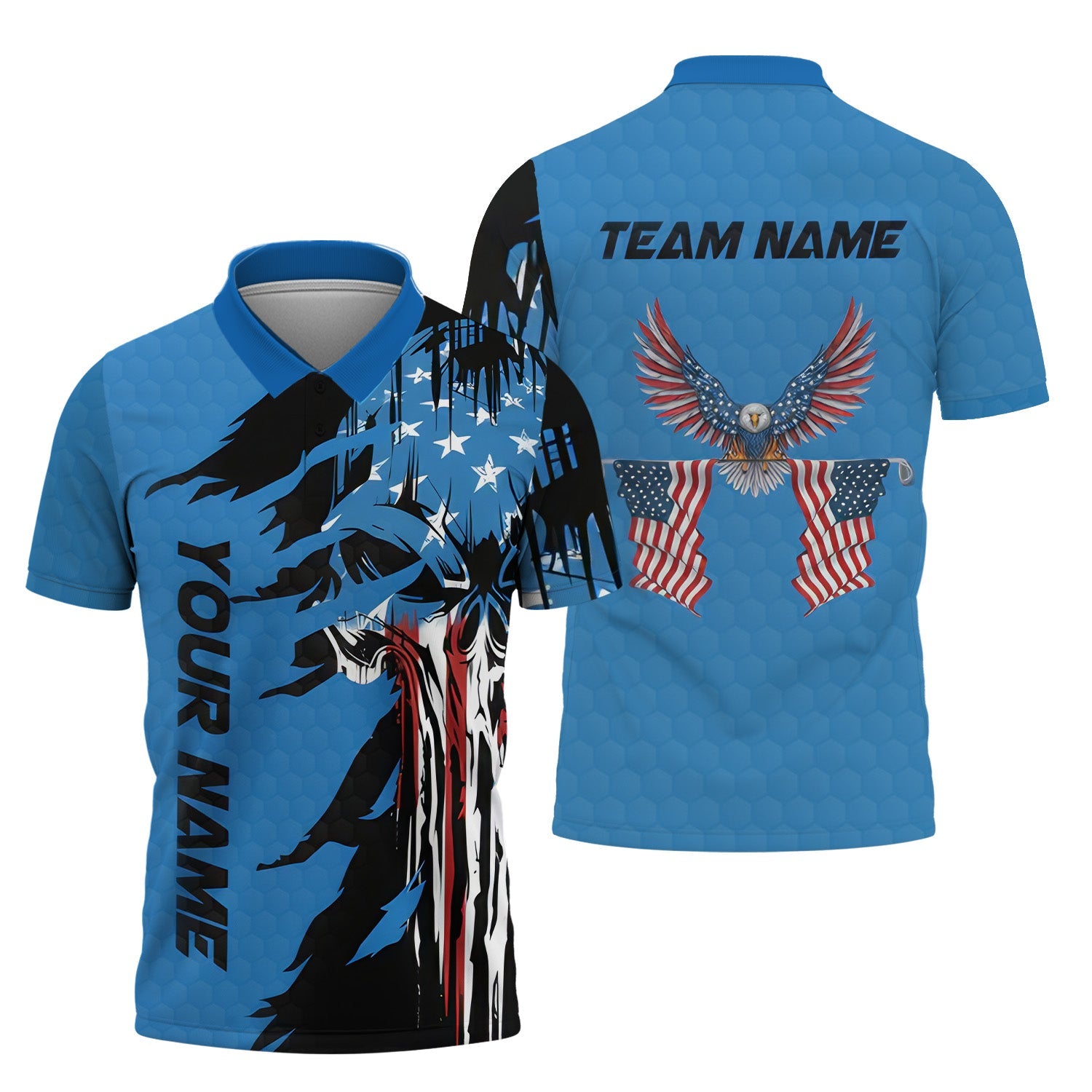 Skull US Flag Blue Custom Men's Golf Polo Shirt, Golfing Apparel, Mens Golf Gift