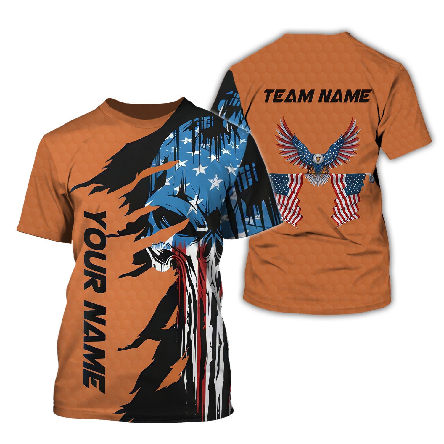 Skull US Flag Orange Custom Men's Golf Polo Shirt, Golfing Apparel, Mens Golf Gift
