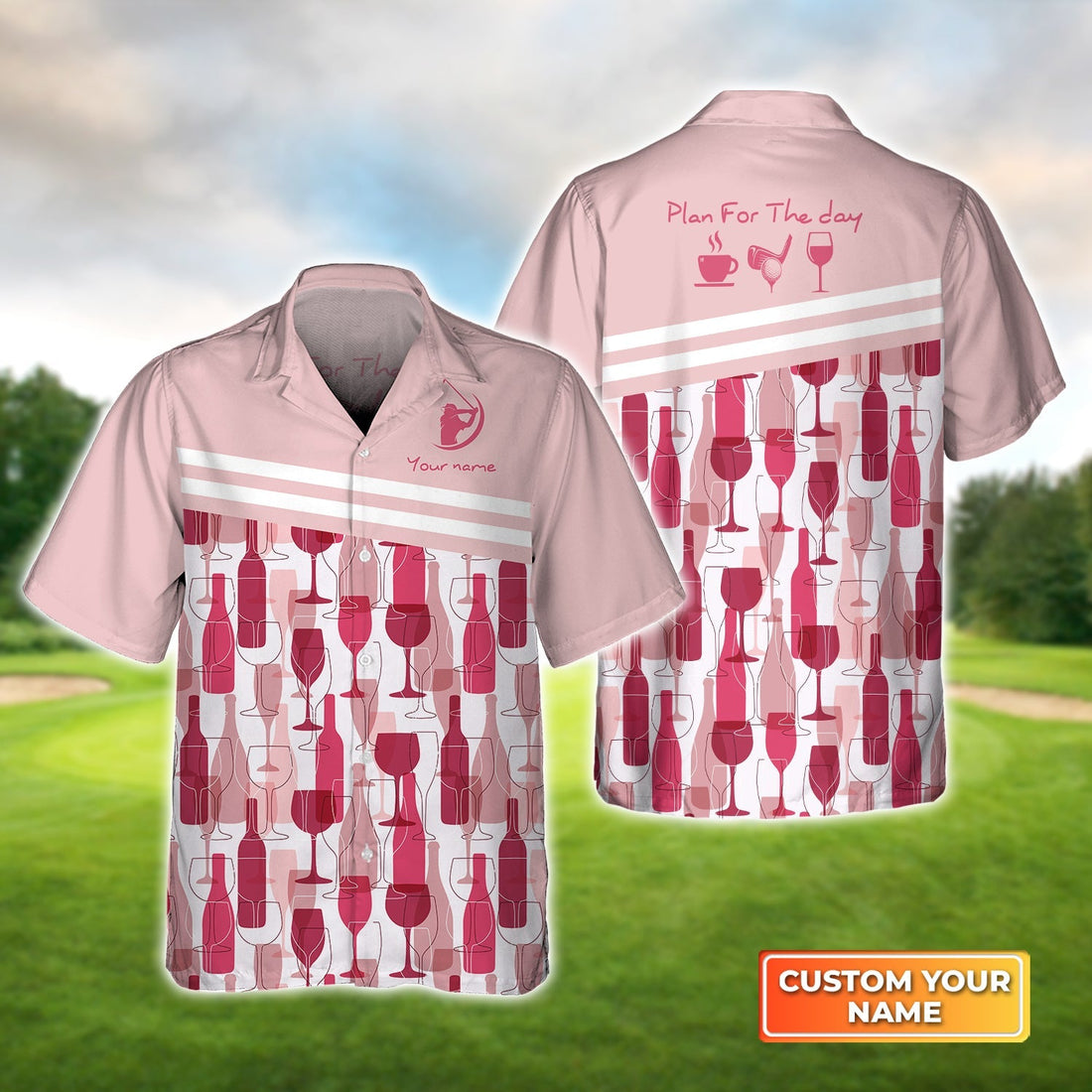 Plan For The Day Coffee Golf Wine Seamless Pattern - Personalized Name 3D Hawaiian Shirt Gift For Golfer