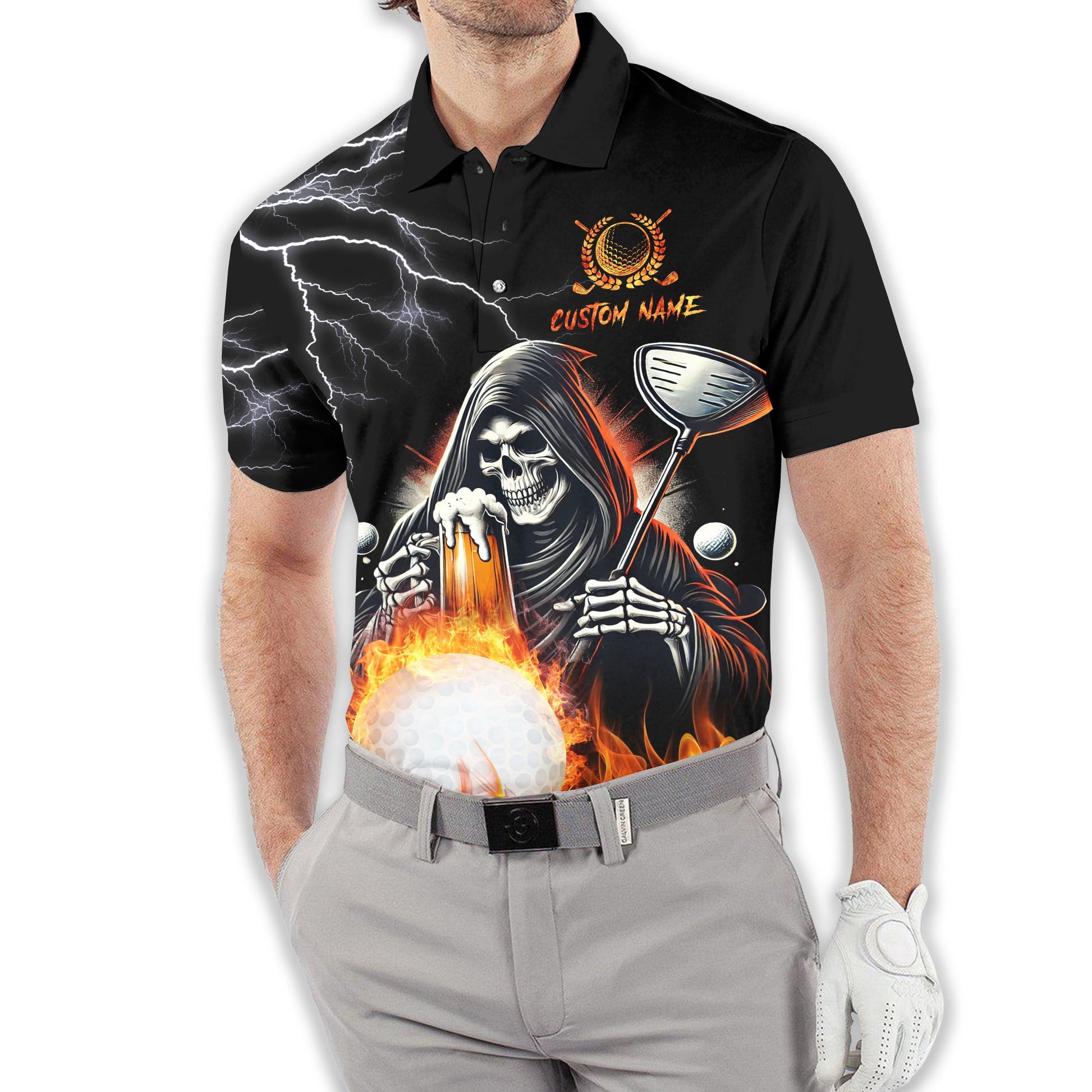 Golf And Beer That's Why I'm Here Custom Skull Golf Polo Shirt, Gift For Golfers, Golf Gift For Men