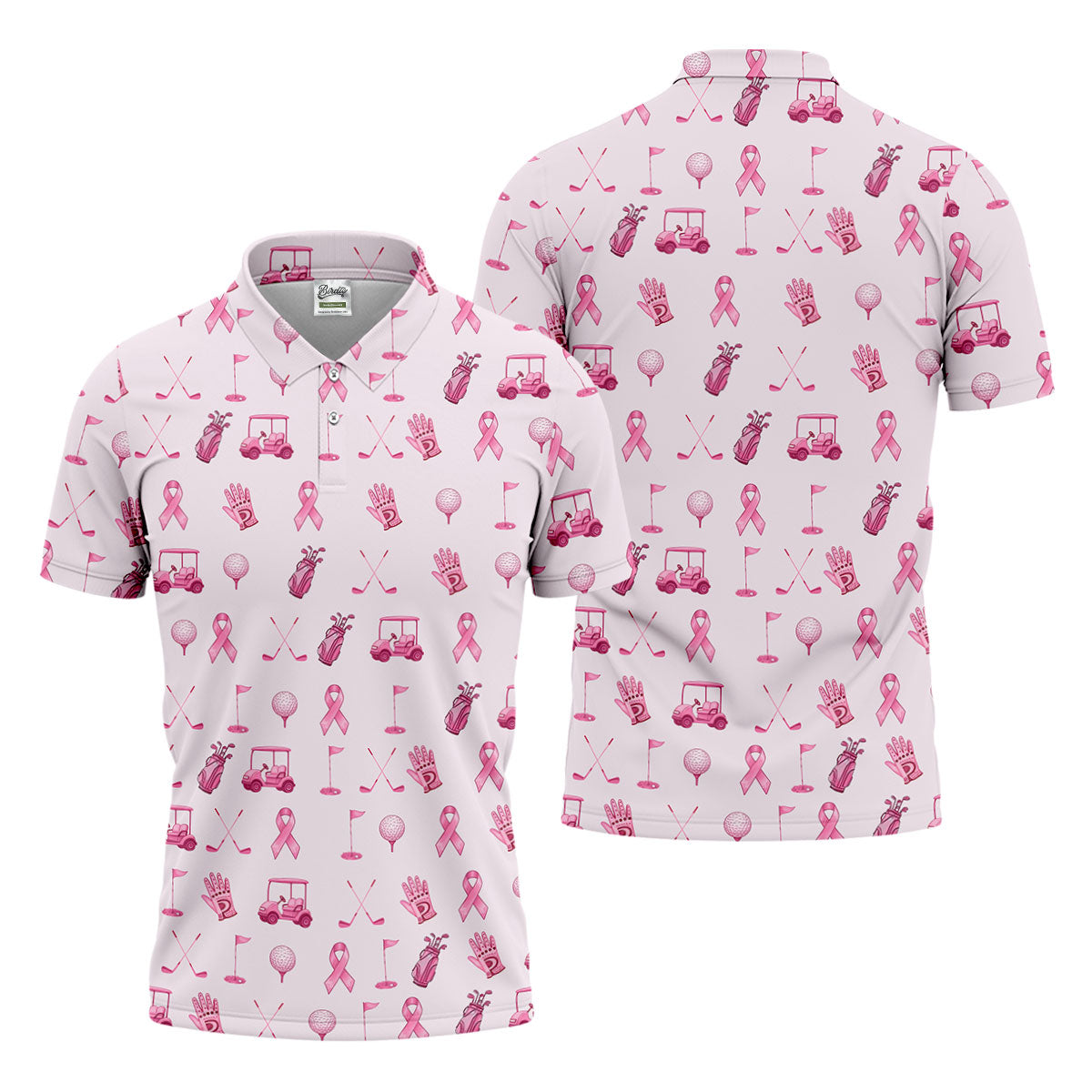 Funny Pink Ribbon Golf Pattern Men's Polo Shirt, Breast Cancer Golf Shirt, Breast Cancer Awareness Shirt