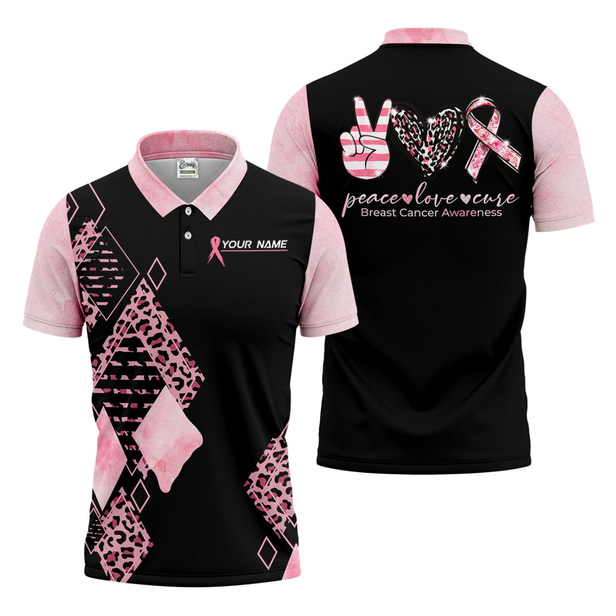Peace Love Cure Men's Golf Shirt, Breast Cancer Awareness Shirt, Pink Leopard Golf Shirt, Golf Gift For Men