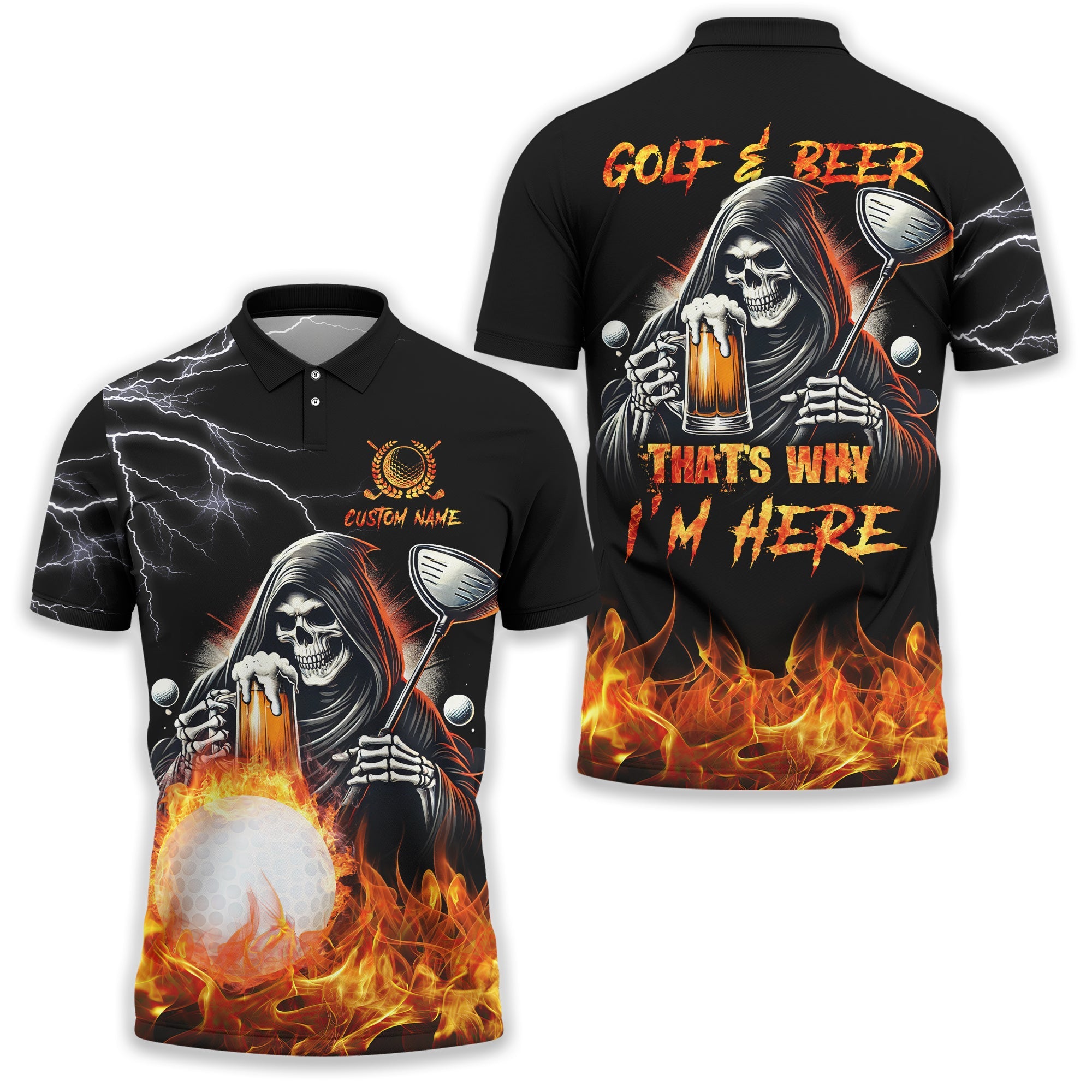 Golf And Beer That's Why I'm Here Custom Skull Golf Polo Shirt, Gift For Golfers, Golf Gift For Men