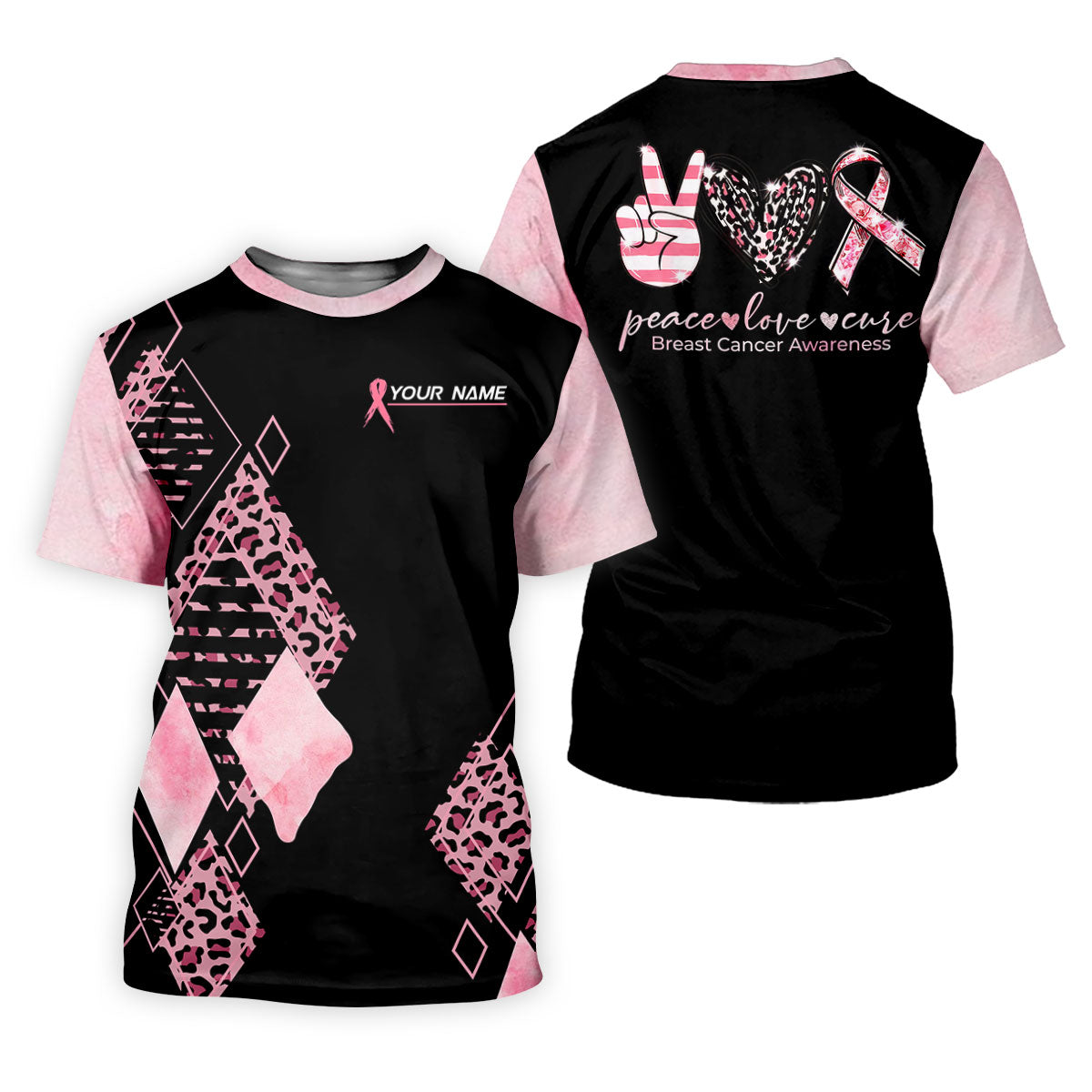 Peace Love Cure Men's Golf Shirt, Breast Cancer Awareness Shirt, Pink Leopard Golf Shirt, Golf Gift For Men