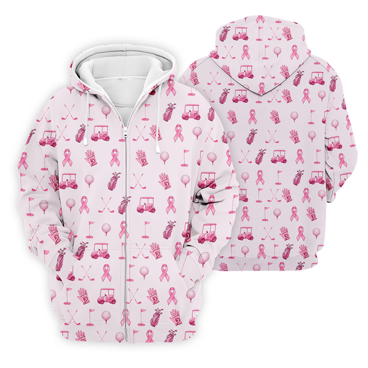 Funny Pink Ribbon Golf Pattern Men's Polo Shirt, Breast Cancer Golf Shirt, Breast Cancer Awareness Shirt