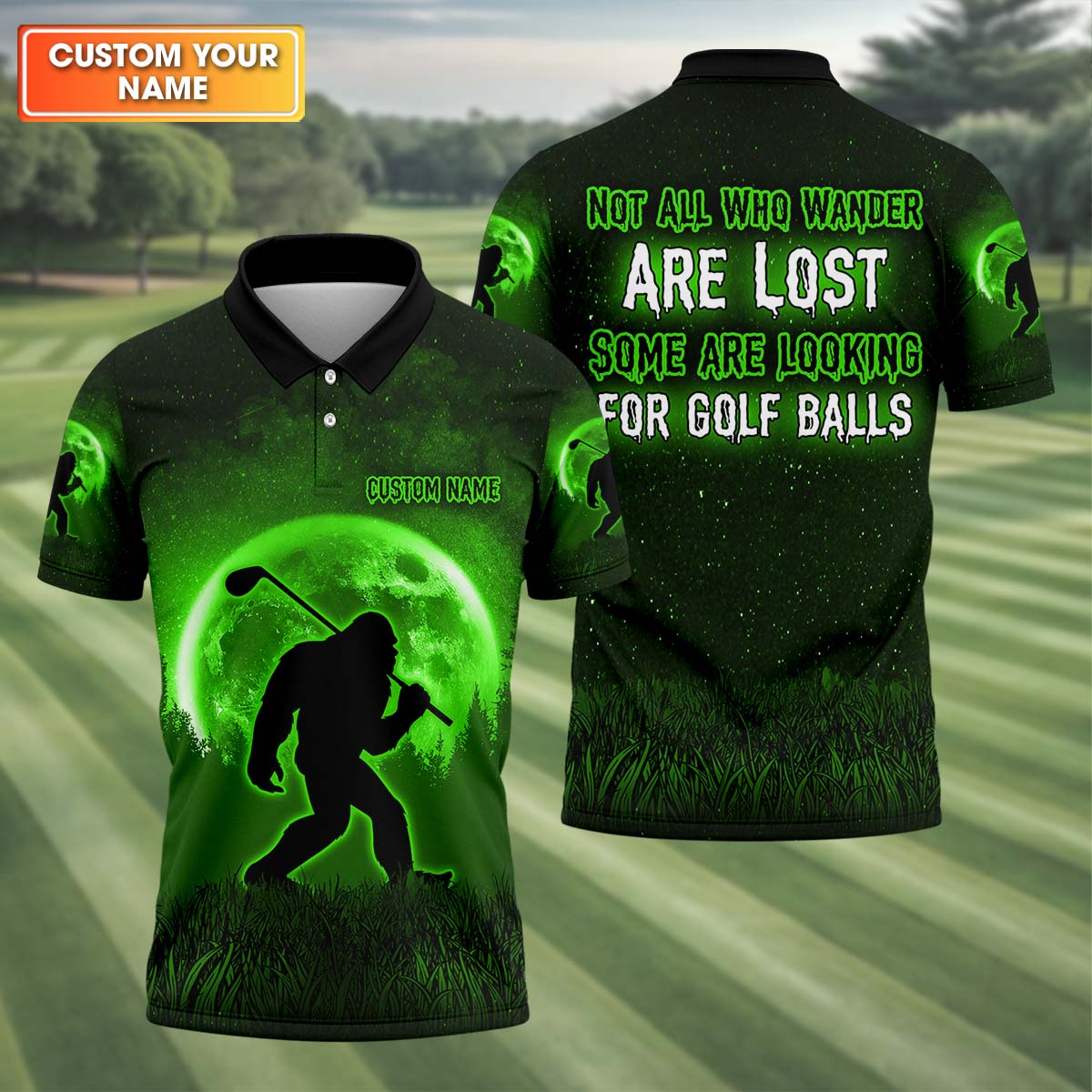 Not All Who Wander Are Lost Bigfoot Hawaiian Golf Shirt, Personalized Golf Shirt, Funny Golf Polo Shirt