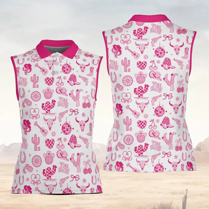 Coquette Patterned Golf Polos, Cowgirl Golf Shirt, Western Golf Shirts Women, Sleeveless Womens Golf Shirts