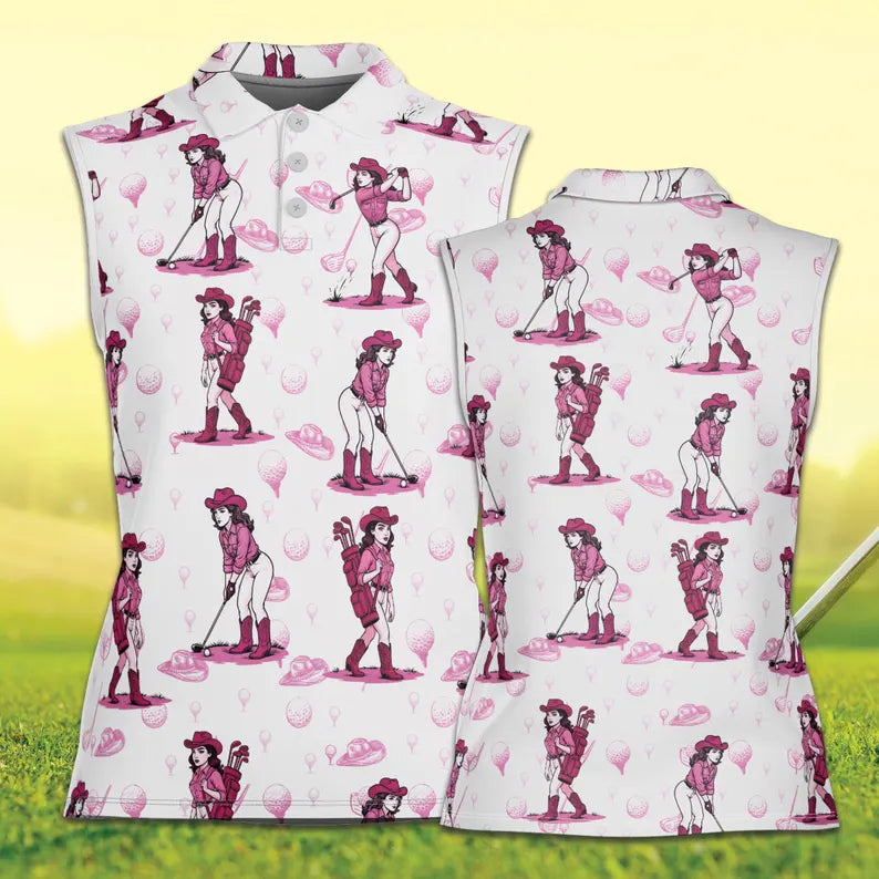 Cowgirl Patterned Golf Shirts, Western Golf Shirts Women, Vintage Cowgirl Womens Golf Tops
