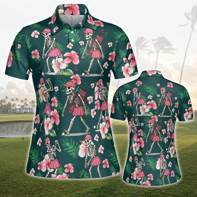 Skull Golf Shirt, Floral Golf Shirt, Women's Hawaiian Golf Shirts, Halloween Golf Shirt, Golf Halloween Costume