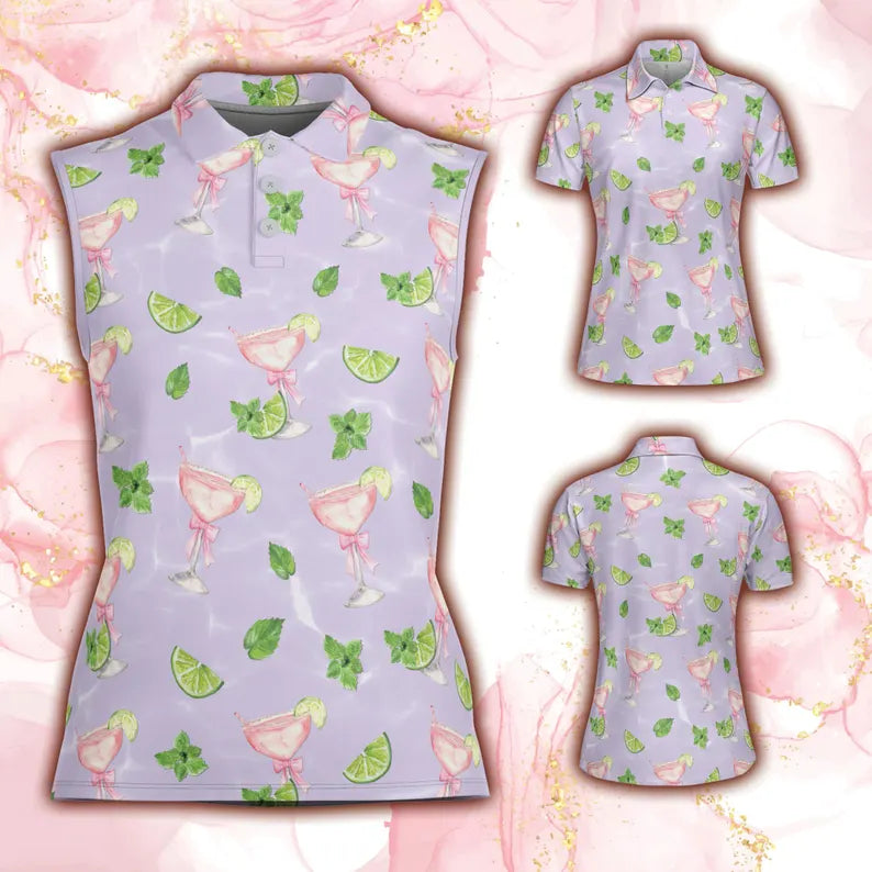 Margarita Golf Shirt For Women, Pink Drink Patterned Golf Shirts, Coquette Aesthetic Cocktail Womens Golf Tops