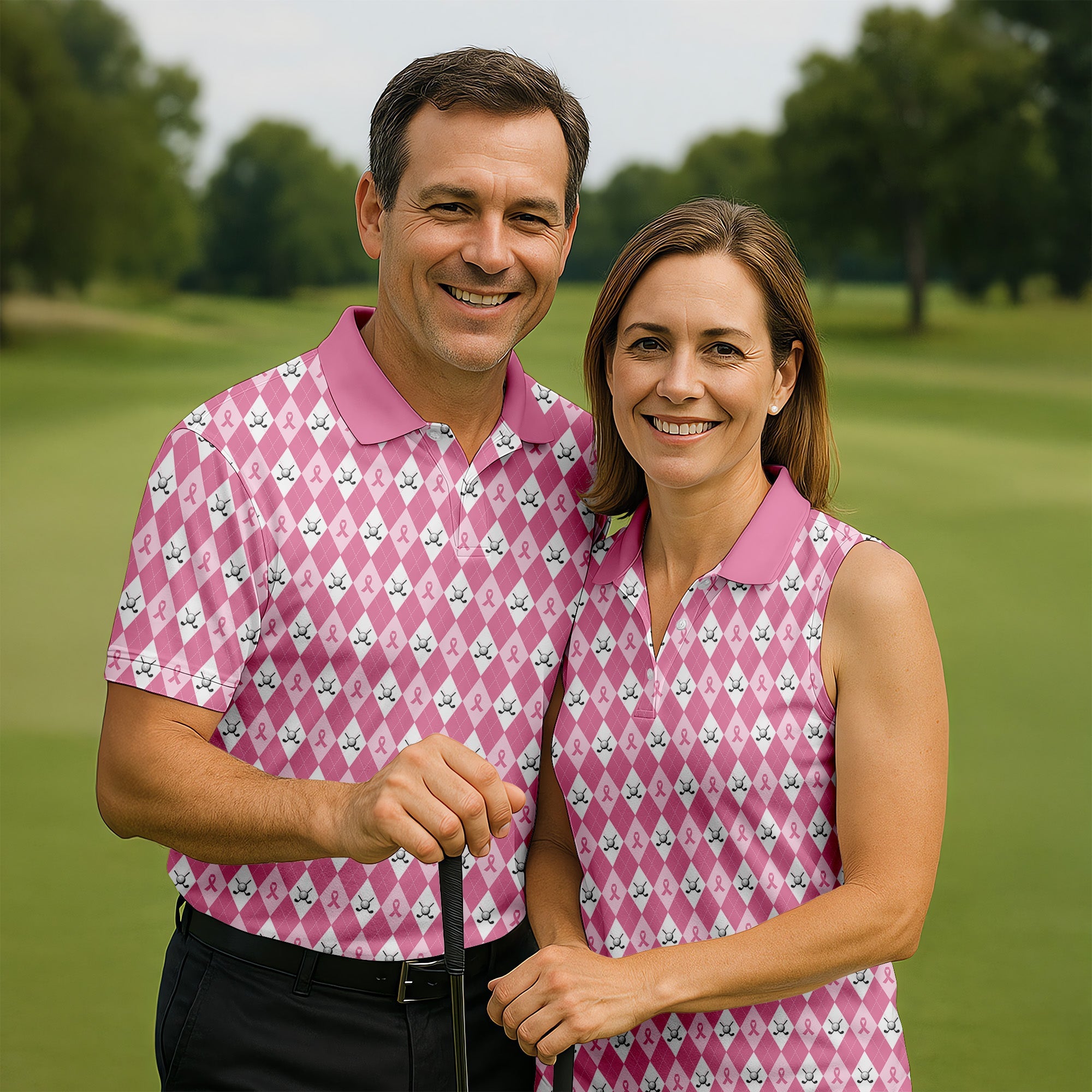 Breast Cancer Golf Shirt, Pink Argyle Golf Shirt, Breast Cancer Awareness Shirts, Couple Golf Shirt