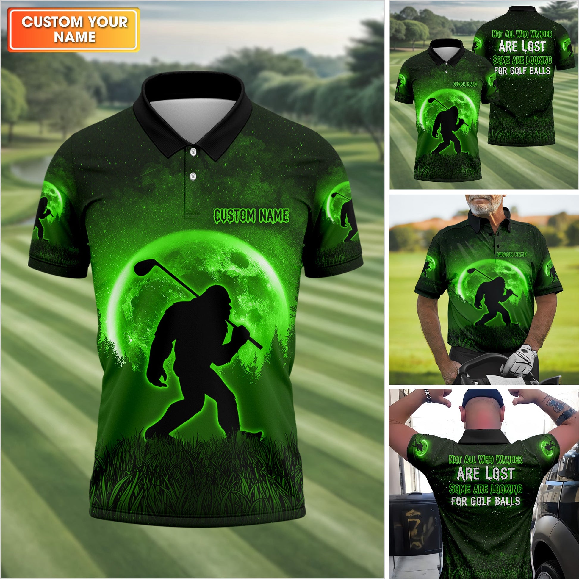Not All Who Wander Are Lost Bigfoot Hawaiian Golf Shirt, Personalized Golf Shirt, Funny Golf Polo Shirt