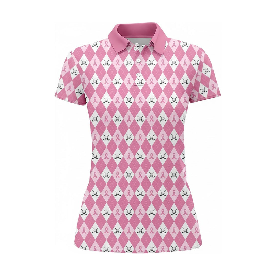 Women’s Pink Ribbon Golf Polo Shirt – Breast Cancer Awareness Argyle Design